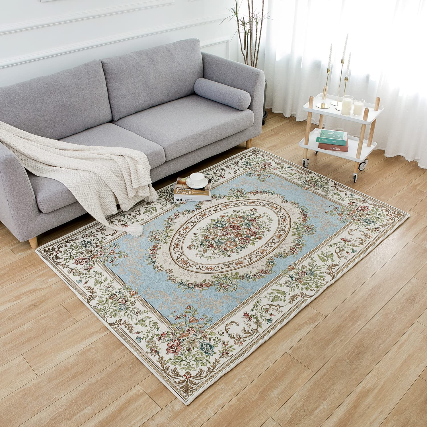 Ukeler Rustic Floral Cotton Area Rug - Non-Shedding Living Room Carpet with Rural Rose Design, Soft Accent Rug for Bedroom & Home Decor (63x90 Inches, Country Blue) - Perfect for Farmhouse, Boho & Country Style Living Spaces