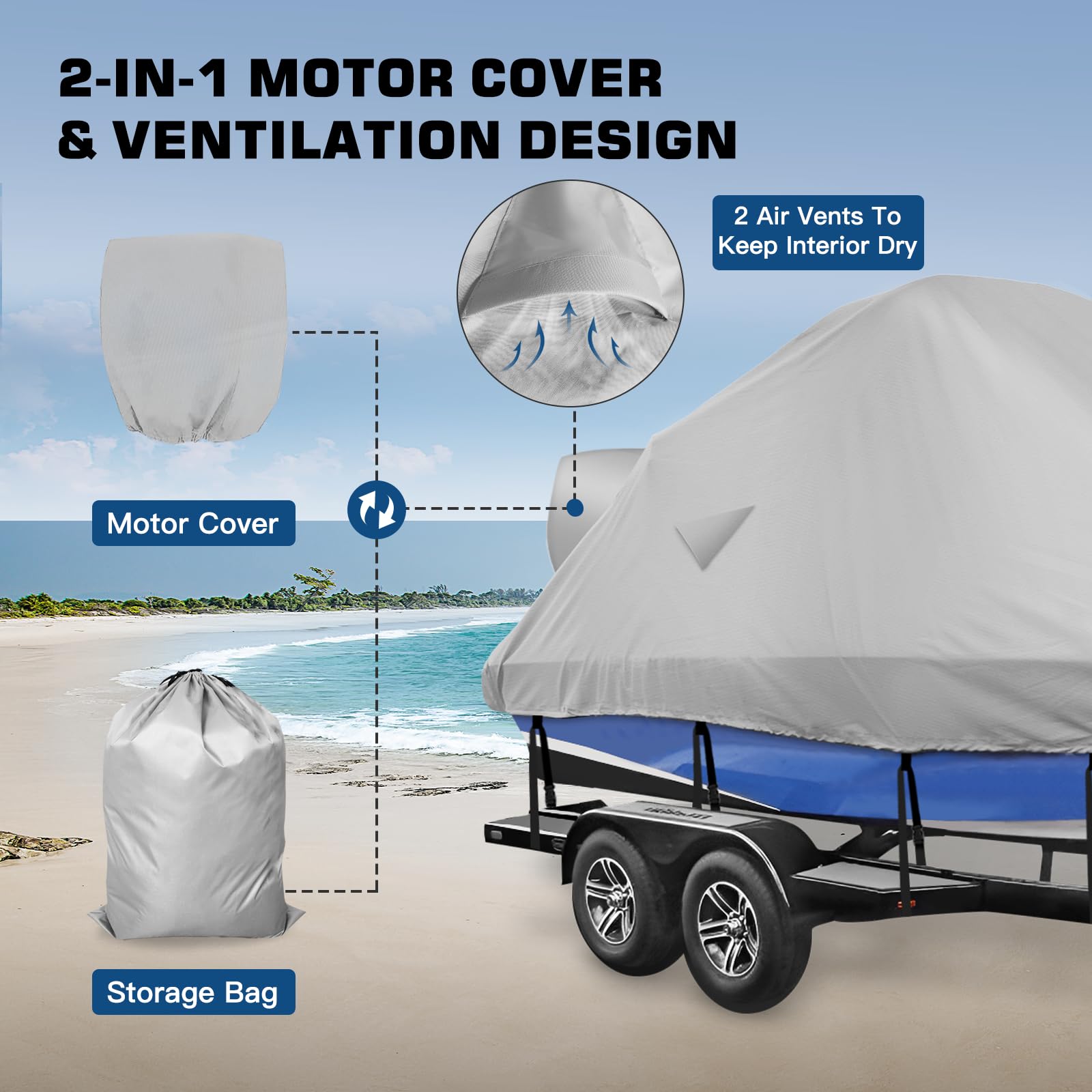 Heavy Duty 900D Marine Waterproof Wake Tower Boat Cover - Fits V Hull Runabout Ski Boats 23-25ft (Gray) | Durable Protection for Wakeboard Boats, Ideal for Outdoor Storage & Mooring
