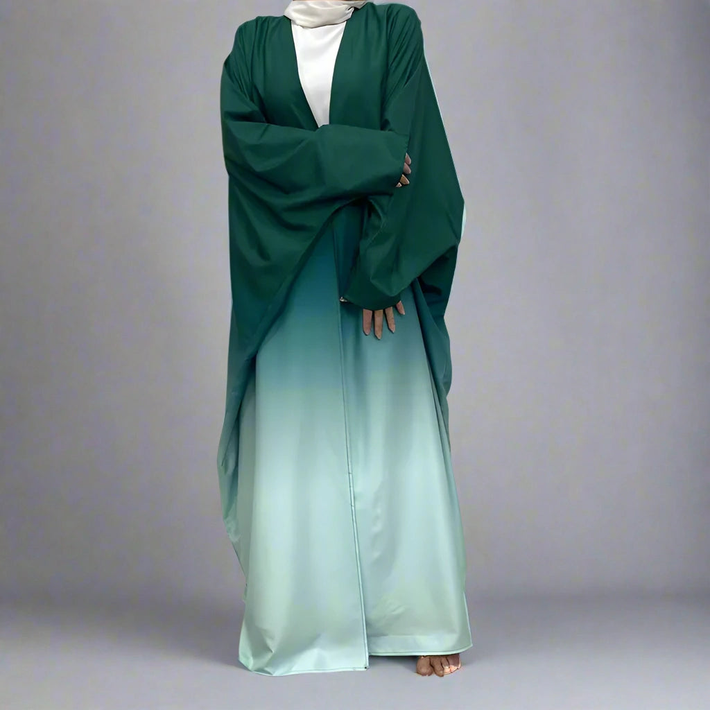 Gradient Color Changing Open Front Cardigan Abaya Dress for Muslim Women - Perfect for Prayer, Modest Fashion & Special Occasions