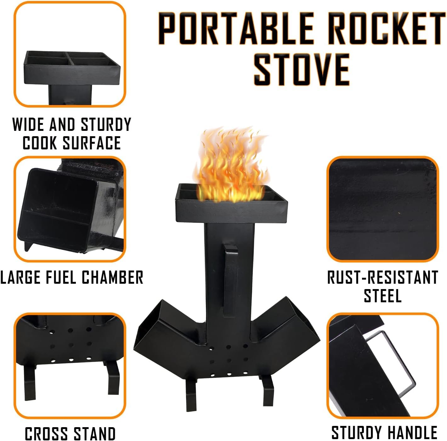 FEBTECH Portable Camping Rocket Stove - Large Dual-Side Fuel Chamber with Self-Feeding Design - Removable Top for Easy Cleaning - Perfect for Outdoor Cooking, Picnics, Camping & Hunting Adventures - Ideal for Backpacking, Emergency Preparedness & Survival Situations