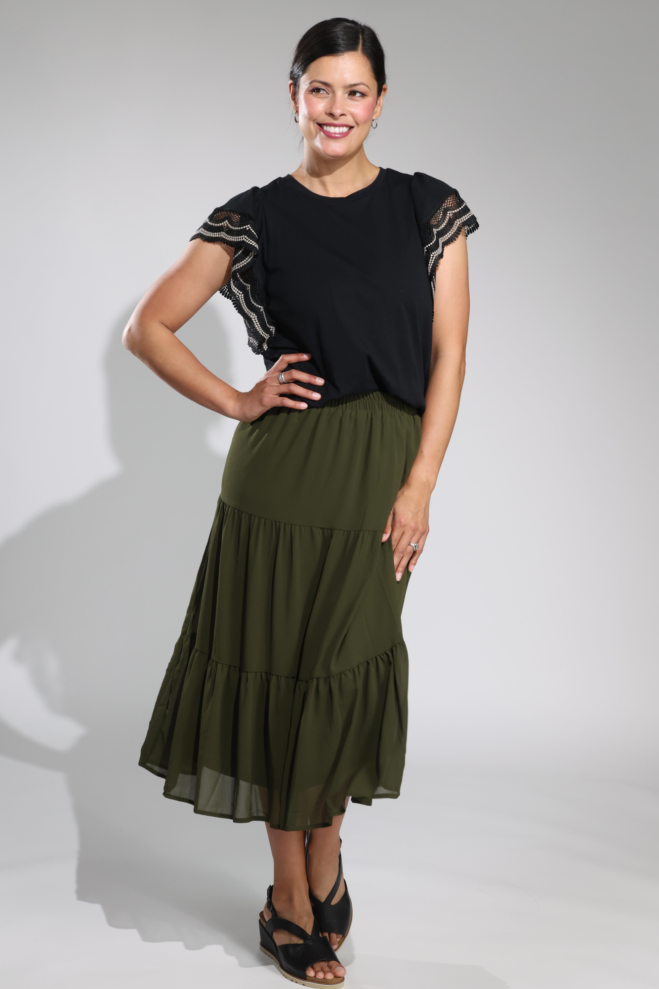 Elegant Lined Plain Chiffon Skirt in Olive Green - 8543A1 | Perfect for Office Wear, Parties & Casual Outfits