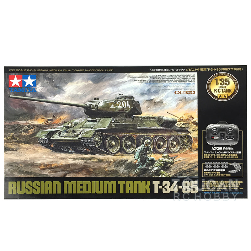 TAMIYA 1/35 Scale Russian T-34/85 Medium RC Tank Model Kit - 2.4GHz Remote Control Military Vehicle with Gearbox (48216) | Collectible Display & Battle Reenactment