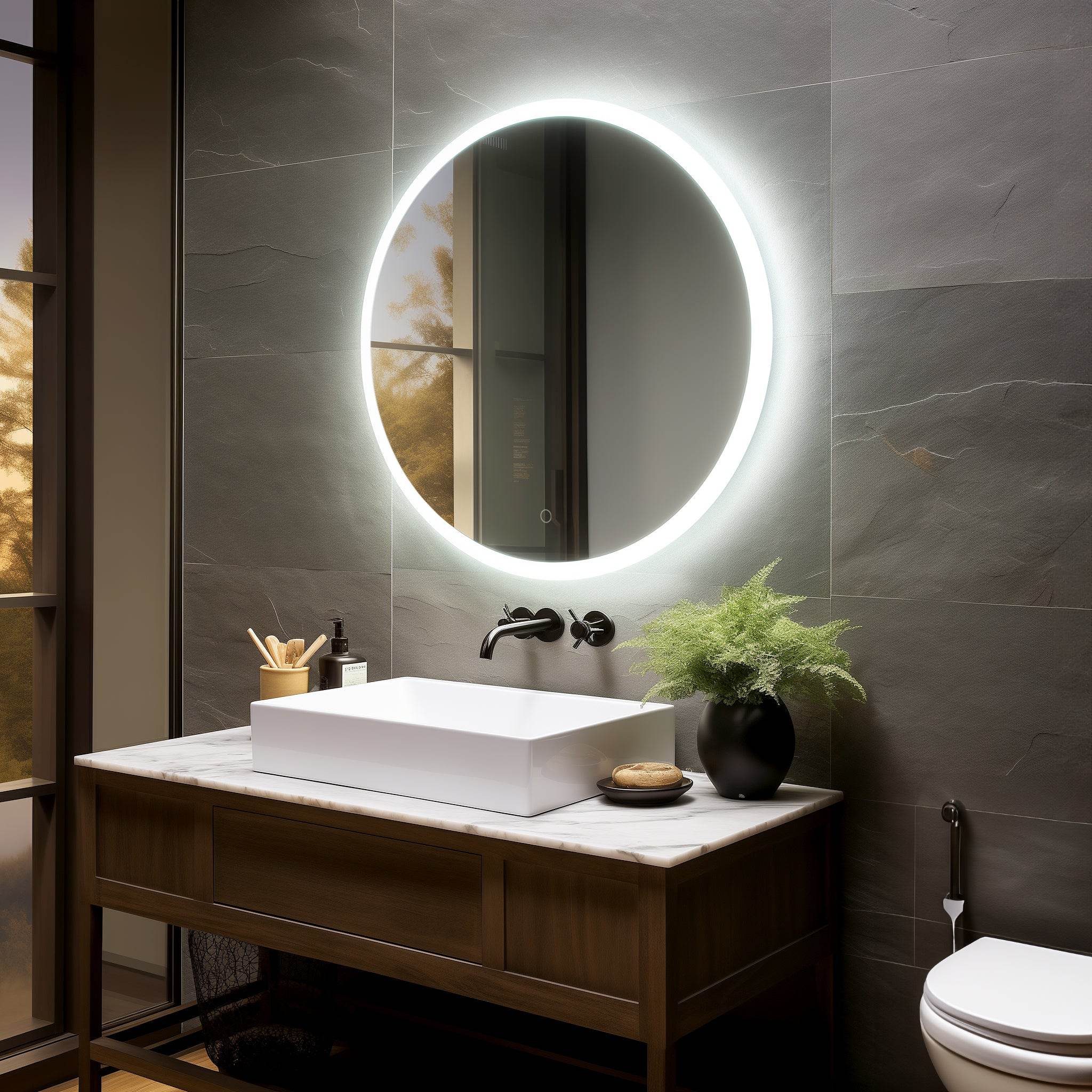 Premium Onyx Round Frameless LED Bathroom Mirror with Defogger - Touch Control & Adjustable Lighting (12