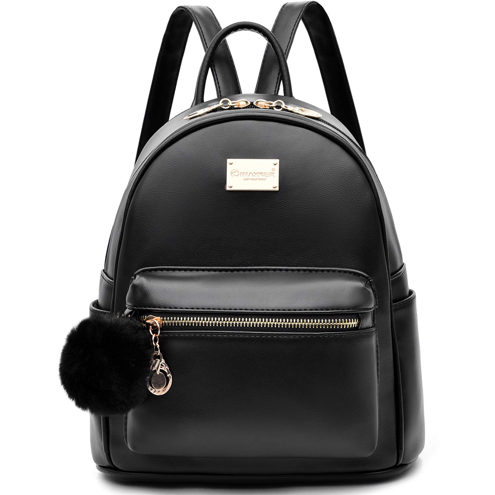 IHAYNER Girls Fashion Backpack Purse - Genuine Leather Mini Backpack for Women & Teens, Cute Satchel Handbag with Pompom Charm, School Backpack, Travel Daypack for Daily Use, Shopping & Weekend Outings