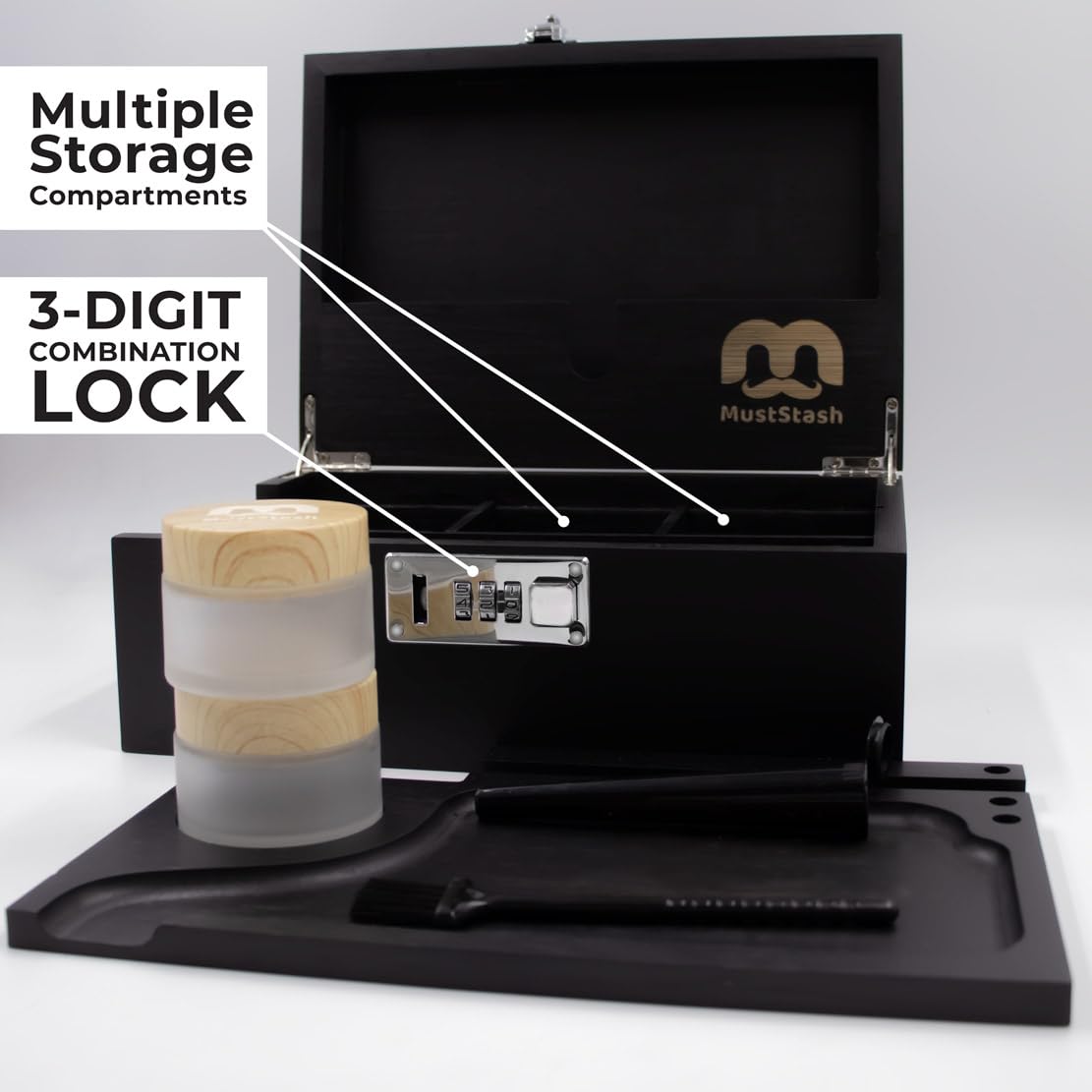 MustStash Smell-Proof UV Glass Storage Box with Lock - Bamboo Organizer for Herbs & Accessories - Home & Travel Use