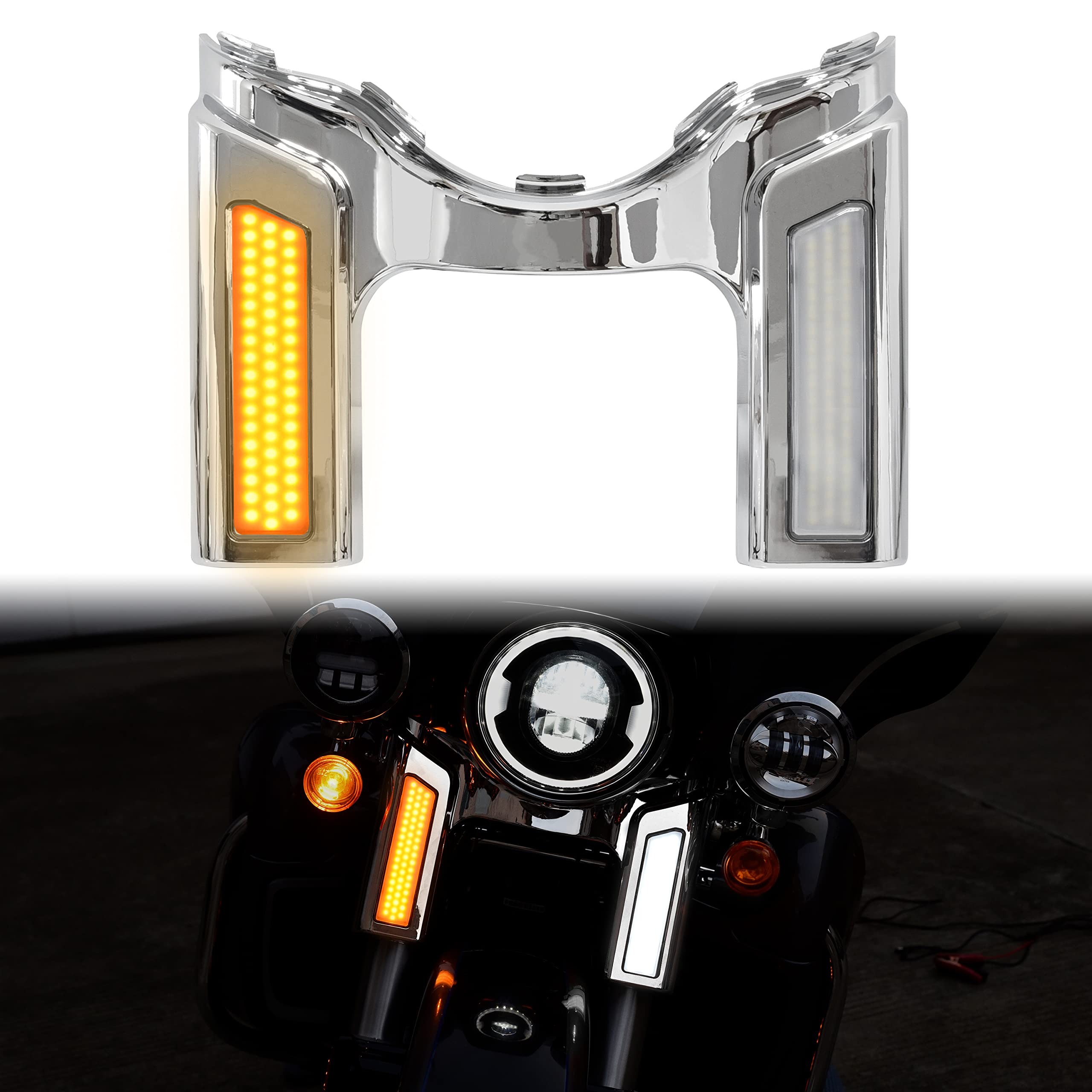 Harley Touring Street Electra Glide Front Fork LED Turn Signal Lights with Slider Covers (2014-2022) - Dual-Color Shock Absorber Covers for Enhanced Visibility & Safety | Perfect for Night Riding & Custom Bike Upgrades