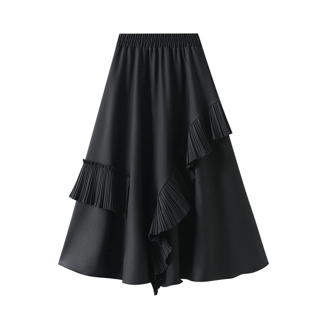 Moolhhe Women's A-Line Long Midi Skirt with Irregular Ruffles - Black & Apricot Colors | Perfect for Casual Outings, Date Nights & Boho Fashion
