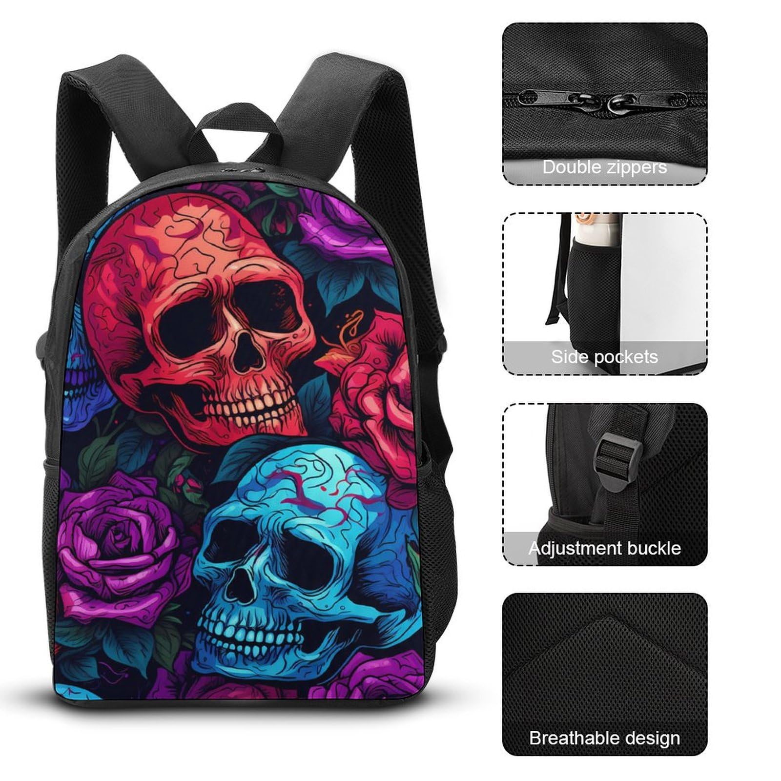 Psychedelic Skulls & Roses 3-Piece Backpack Set - 17 Inch Laptop Backpack, Travel Daypack with Lunch Box & Pencil Case for School, Work & Outdoor Adventures
