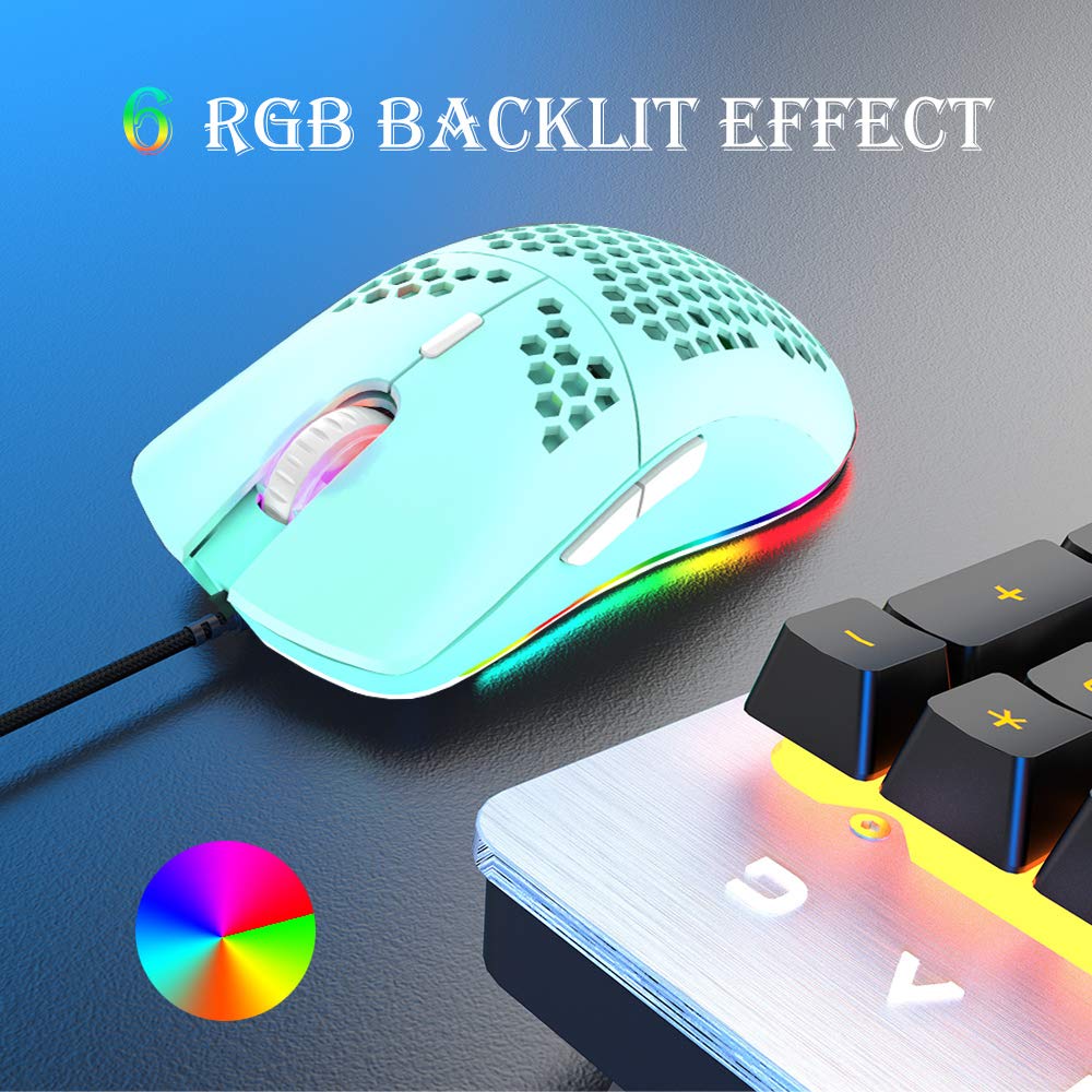 Programmable Wired Gaming Mouse with 6 RGB Lighting Modes & 6400 DPI - Honeycomb Shell Ergonomic Design for PC, Xbox & PS4 Gamers - Perfect for FPS, MOBA & Esports Gaming - Green