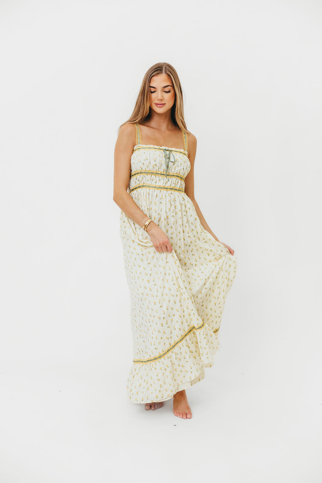Elegant Floral Lace Contrast Maxi Dress in Daffodil Yellow - Perfect for Summer Weddings, Garden Parties & Special Occasions