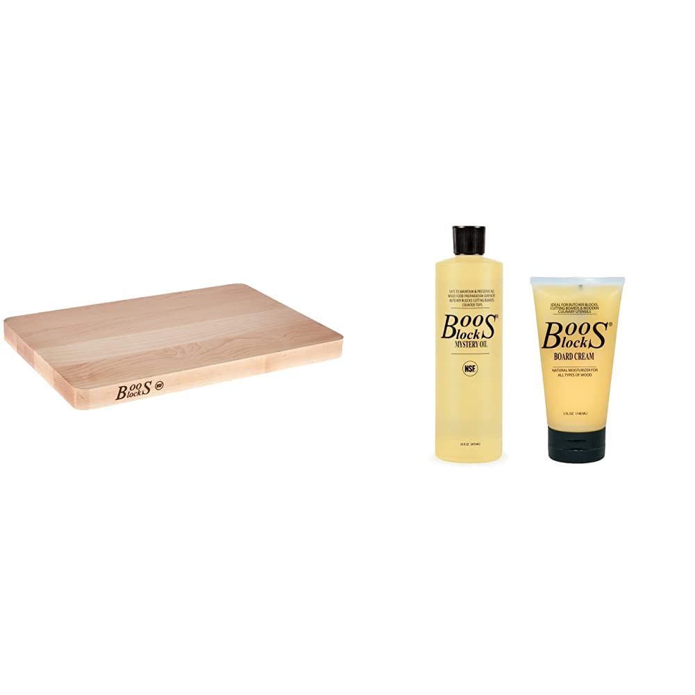 Premium John Boos Block Maple Wood Edge Grain Reversible Cutting Board 20x15x1.25 Inches with Mystery Oil & Board Cream Maintenance Kit - Perfect for Kitchen, Butcher Block Care & Food Prep