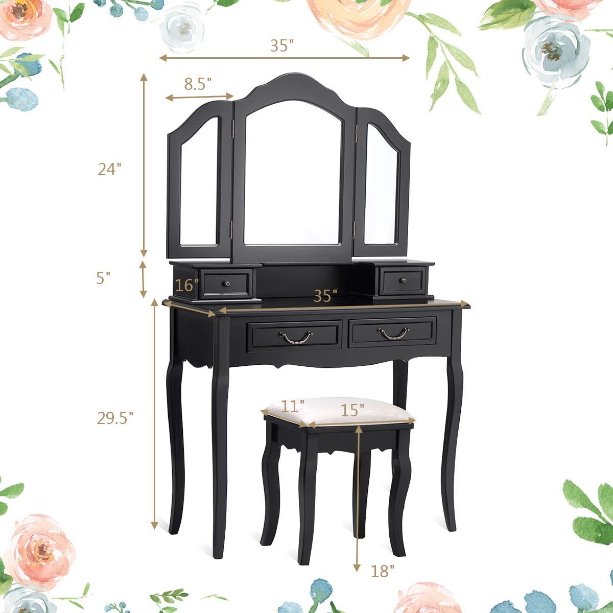 Vanity Table Set with Stool & Mirror - 4-Drawer Multifunctional Makeup & Writing Desk, Tri-Folding Mirror & Cushioned Stool - Perfect for Home Bedroom, Dressing Room & Beauty Salon (Black)