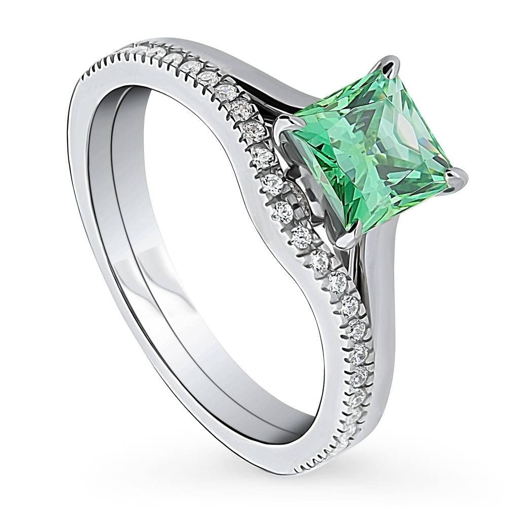 BERRICLE Sterling Silver Solitaire Wedding & Engagement Ring Set - 1.2 Carat Green Princess Cut Cubic Zirconia CZ Wishbone Design for Women, Rhodium Plated, Size 4-10 | Perfect for Proposals, Anniversaries & Special Occasions