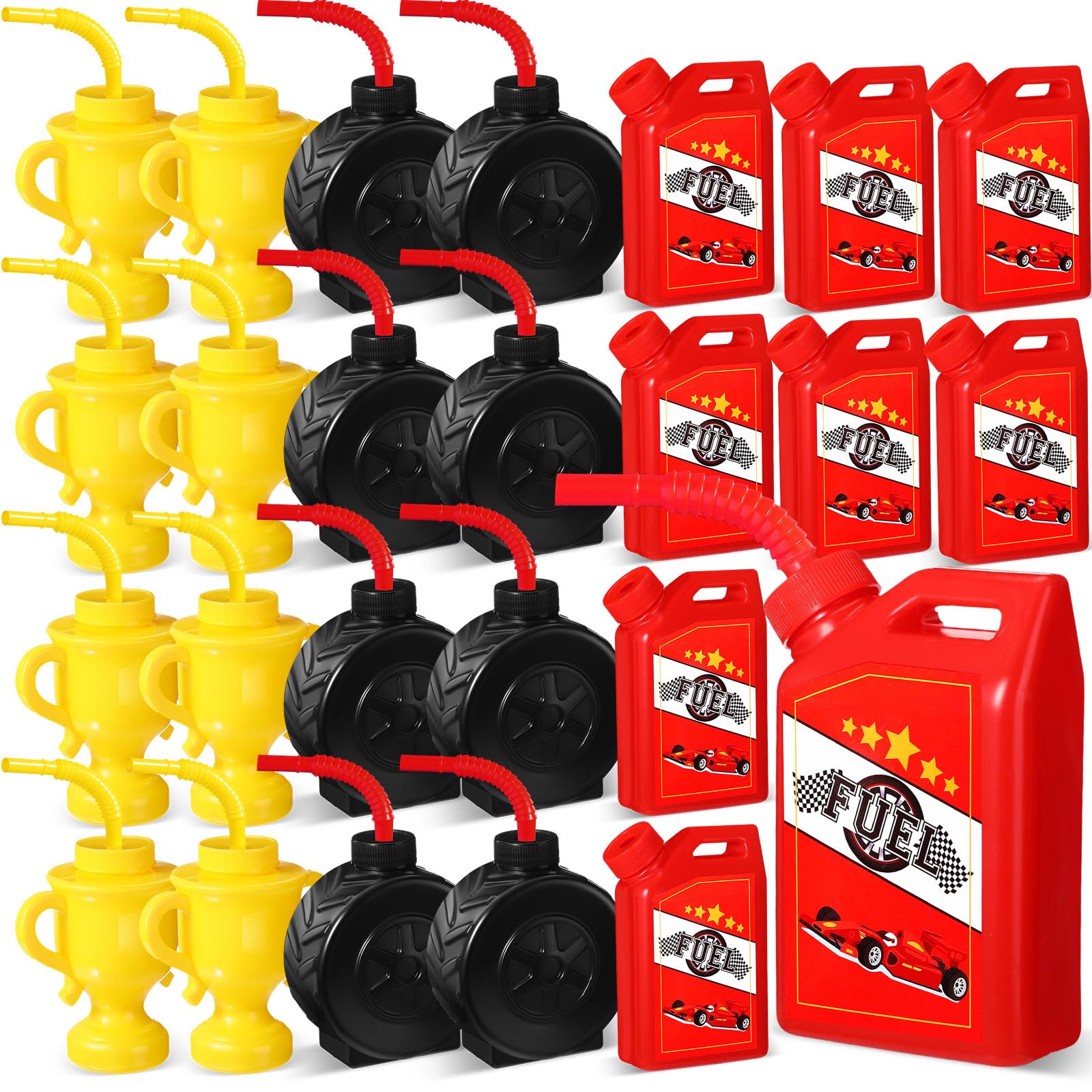 Mifoci 24 Pcs Race Car Themed Plastic Cups with Straws - Tire Shaped Party Cups in Red & Yellow for Racing Birthday, Construction Theme Party, Kids Celebration & Sports Event Decorations