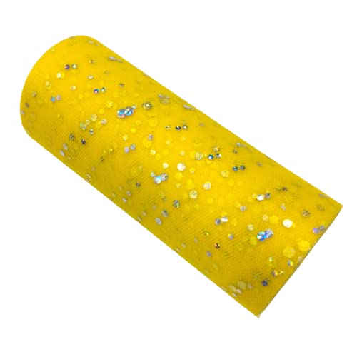 2 Rolls 25 Yards Glitter Sequin Tulle Fabric - 6 Inch Wide Tulle Roll Spool for DIY Tutu Skirts, Baby Girl Dresses, Wedding Decor & Table Centerpieces (Fluorescent Yellow) - Perfect for Party Decorations, Bridal Showers & Craft Projects