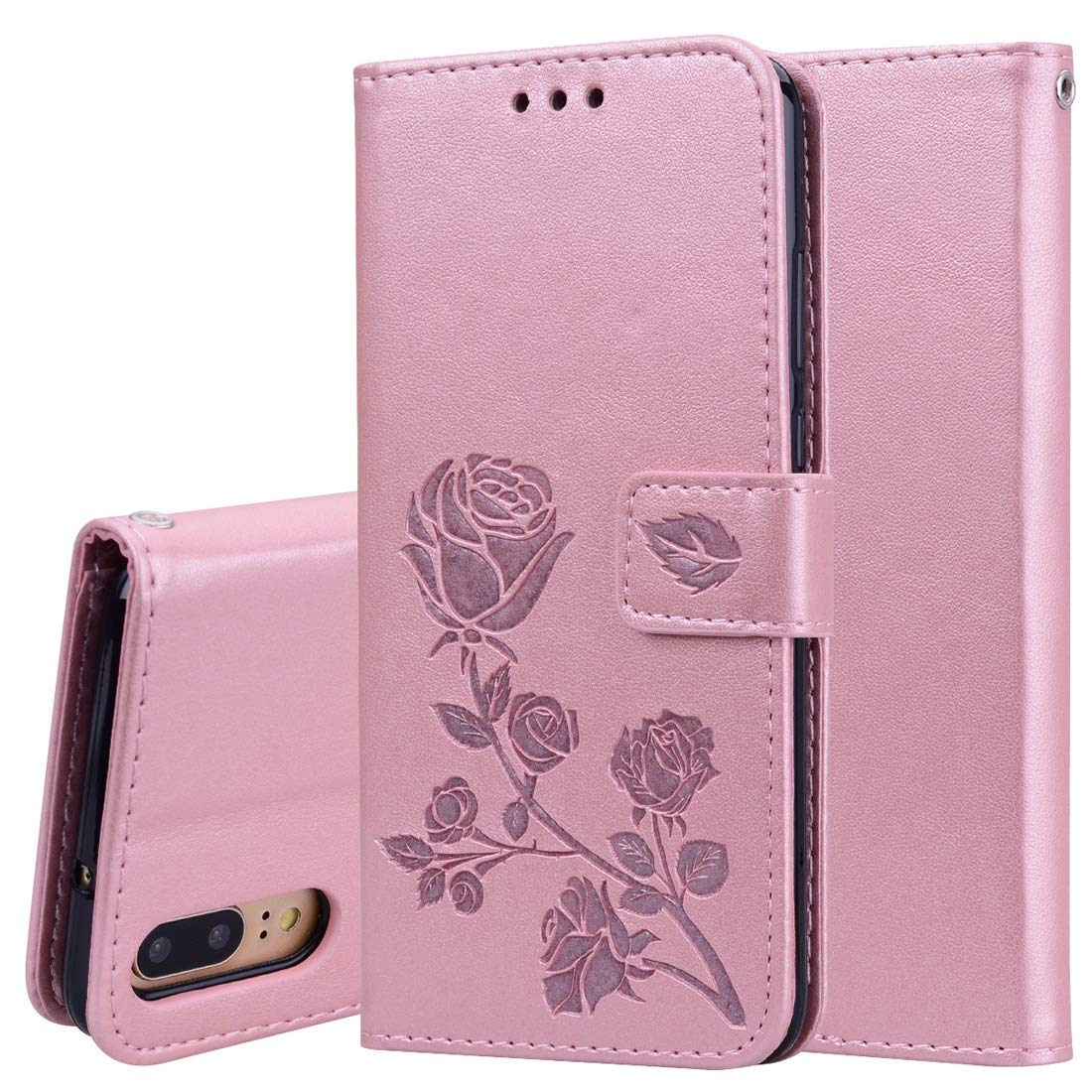 LUOKANGFAN LLKKFF Huawei P20 Rose Gold Embossed PU Leather Flip Wallet Case with Card Slots & Stand - Protective Cover for Huawei P20 Accessories | Perfect for Daily Use, Business Meetings & Travel