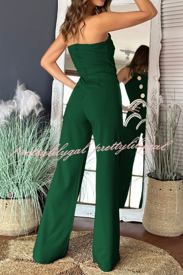 Solid Color Sexy Tube Top Gold Button Embellished Bootcut Jumpsuit for Women | Elegant One-Piece Romper with Metallic Accents | Perfect for Night Out, Party & Special Occasions