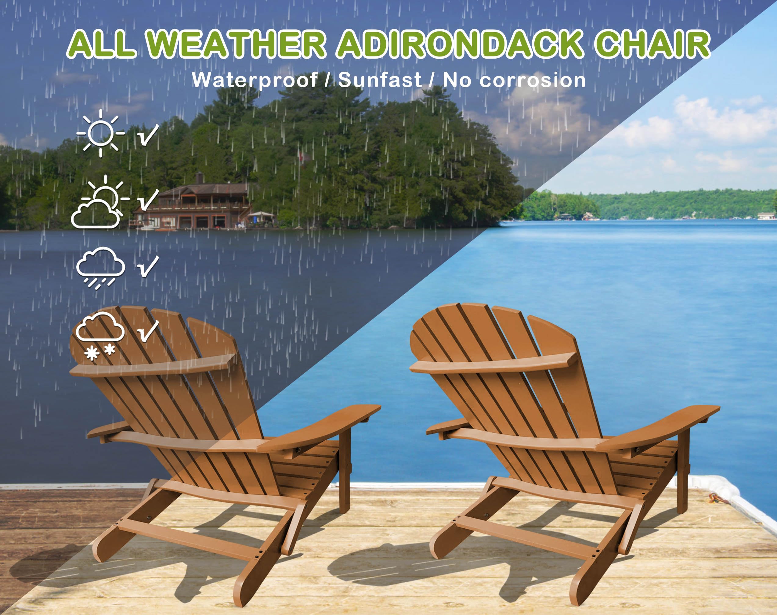 Solid Wood Folding Adirondack Chairs Set - 250 Lbs Weight Capacity, All-Weather Outdoor Lawn & Garden Chairs with Wide Armrests - Easy to Assemble Fire Pit Seating for Patio, Backyard & Poolside Relaxation