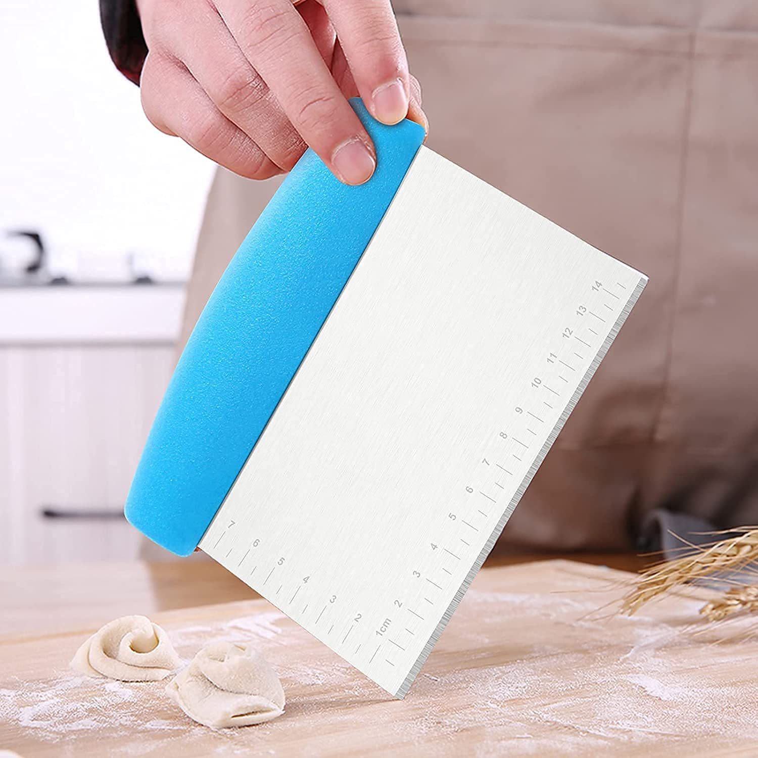 Premium Stainless Steel Bench Scraper & Dough Cutter - Multi-Purpose Kitchen Tool for Baking Bread, Pasta, Pastry with Measurement Ruler - Ideal for Home Bakers & Professional Chefs (Blue)