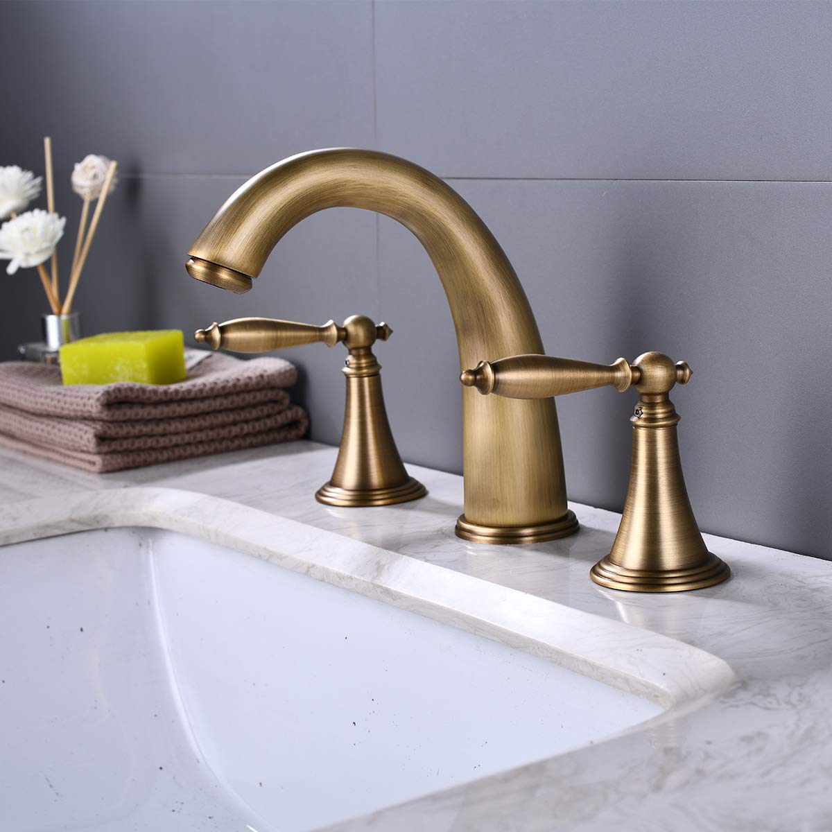 8 Inch Widespread Antique Double Handle Bathroom Faucet - Lead-Free 3 Hole Lavatory Sink Mixer Tap with Supply Lines (3-Piece Set) - Perfect for Vintage Style Bathrooms, Guest Suites & Luxury Home Renovations