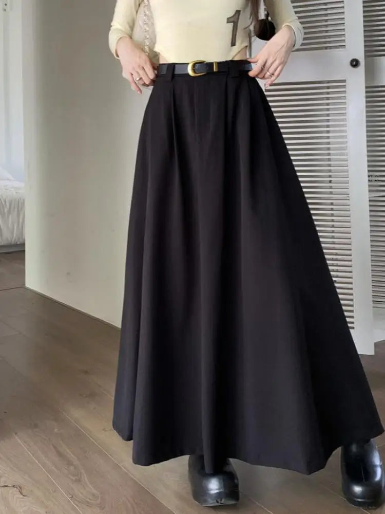 2023 Fashion Women's High Waist Pleated A-Line Skirt with Belt - Autumn Black & Grey Korean Style Chic Long Skirt for Office, Dating & Casual Wear