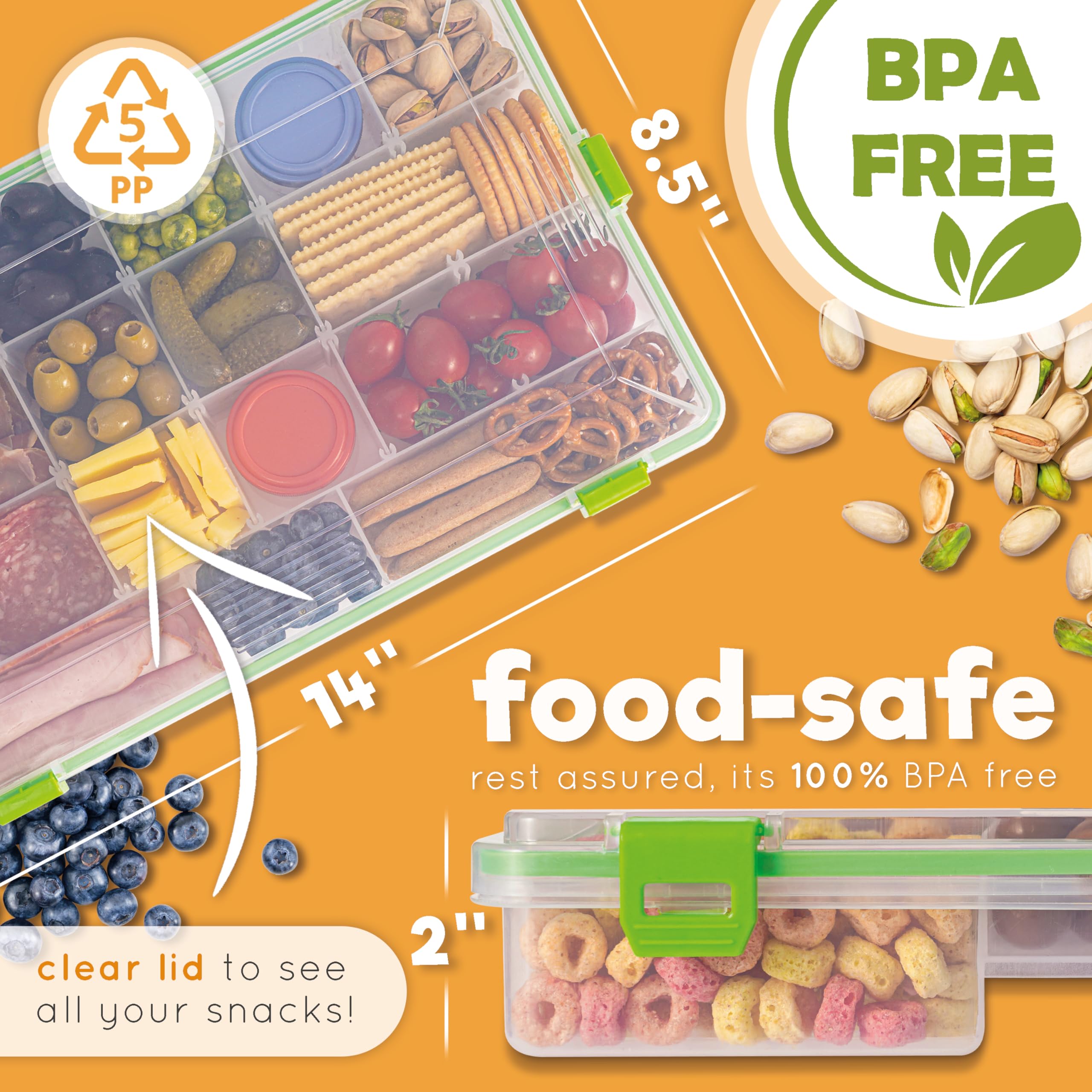 Reel Bites Snackle Box - Large Travel Snack Container with Lid | Portable Snack Tray & Charcuterie Box for Picnics, Road Trips & Parties | Durable Snack Tackle Box for On-the-Go Meals