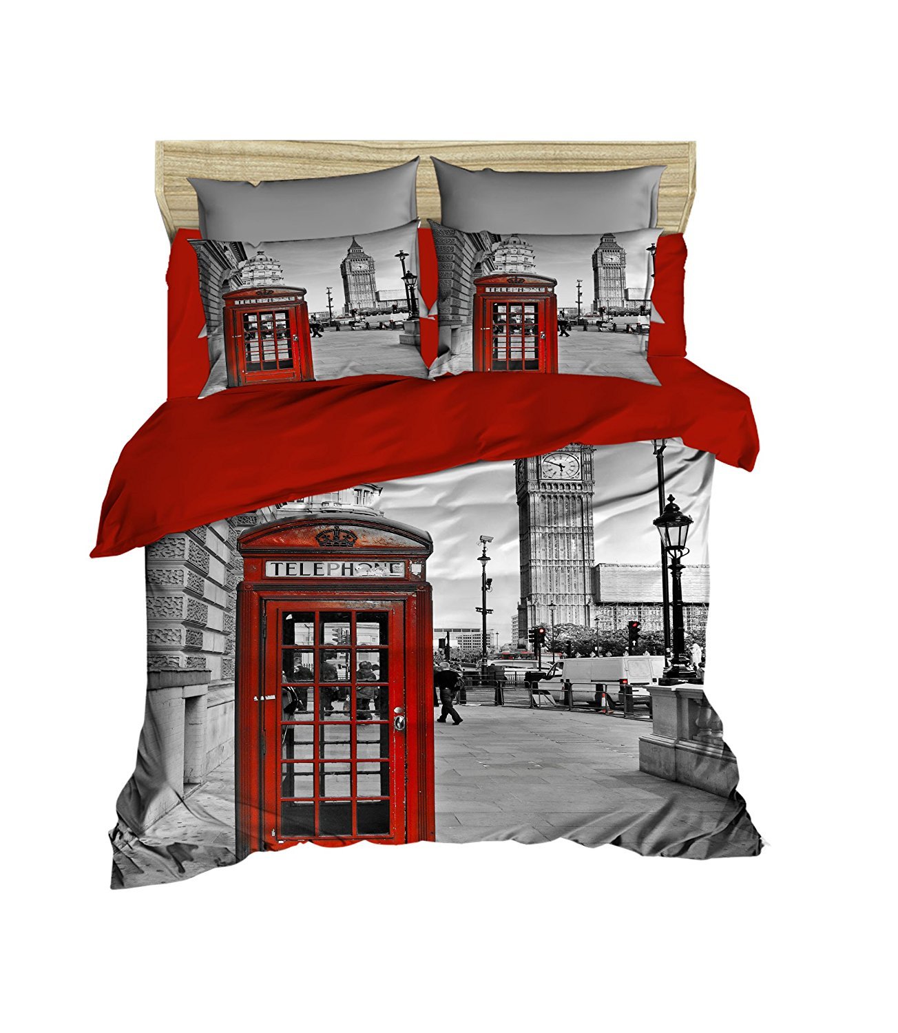 3D London Themed Duvet Cover Set - Big Ben & Telephone Box Design - Full/Queen Size Bedding - Perfect for UK Themed Bedrooms & Travel Enthusiasts