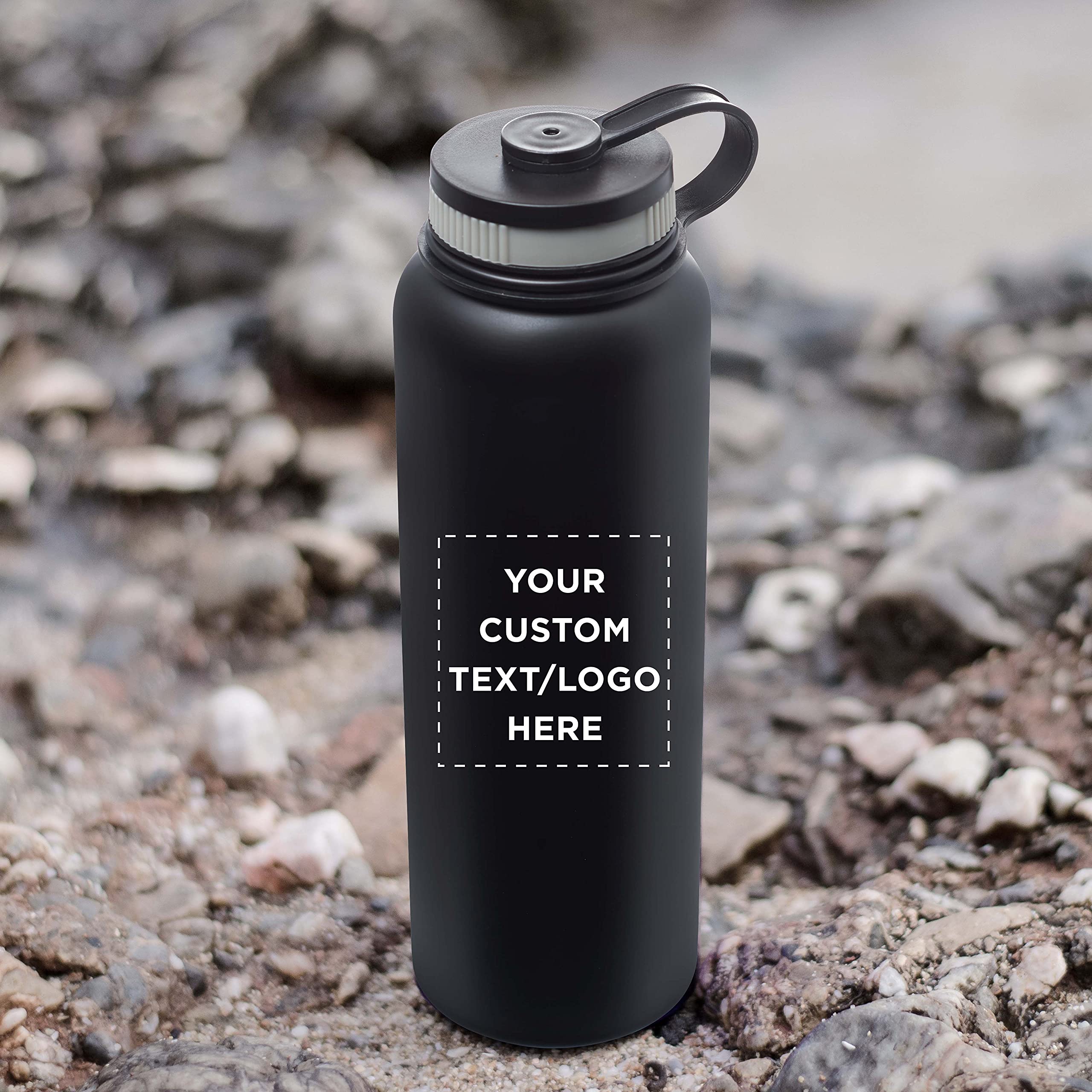 24 oz Stainless Steel Vacuum Insulated Water Bottle Set - Double Wall, Leak Proof, Custom Text & Logo - Perfect for Gym, Hiking, Office & Travel - Black