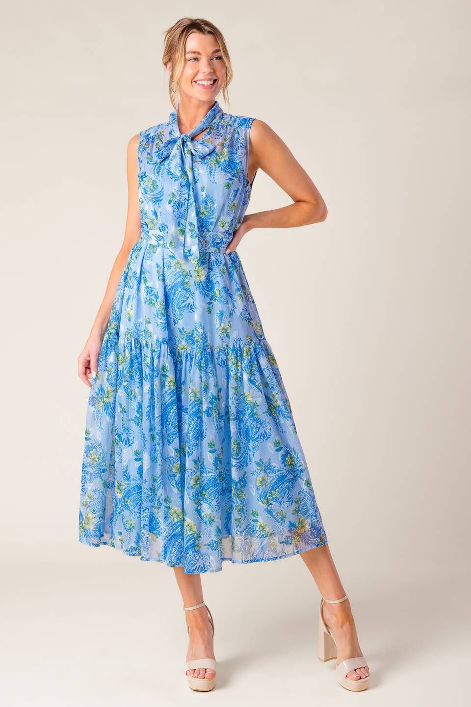 EVER AFTER BOW TIE MIDI DRESS in Powder Blue - Elegant A-Line Flowy Formal Dress for Weddings, Parties & Special Occasions