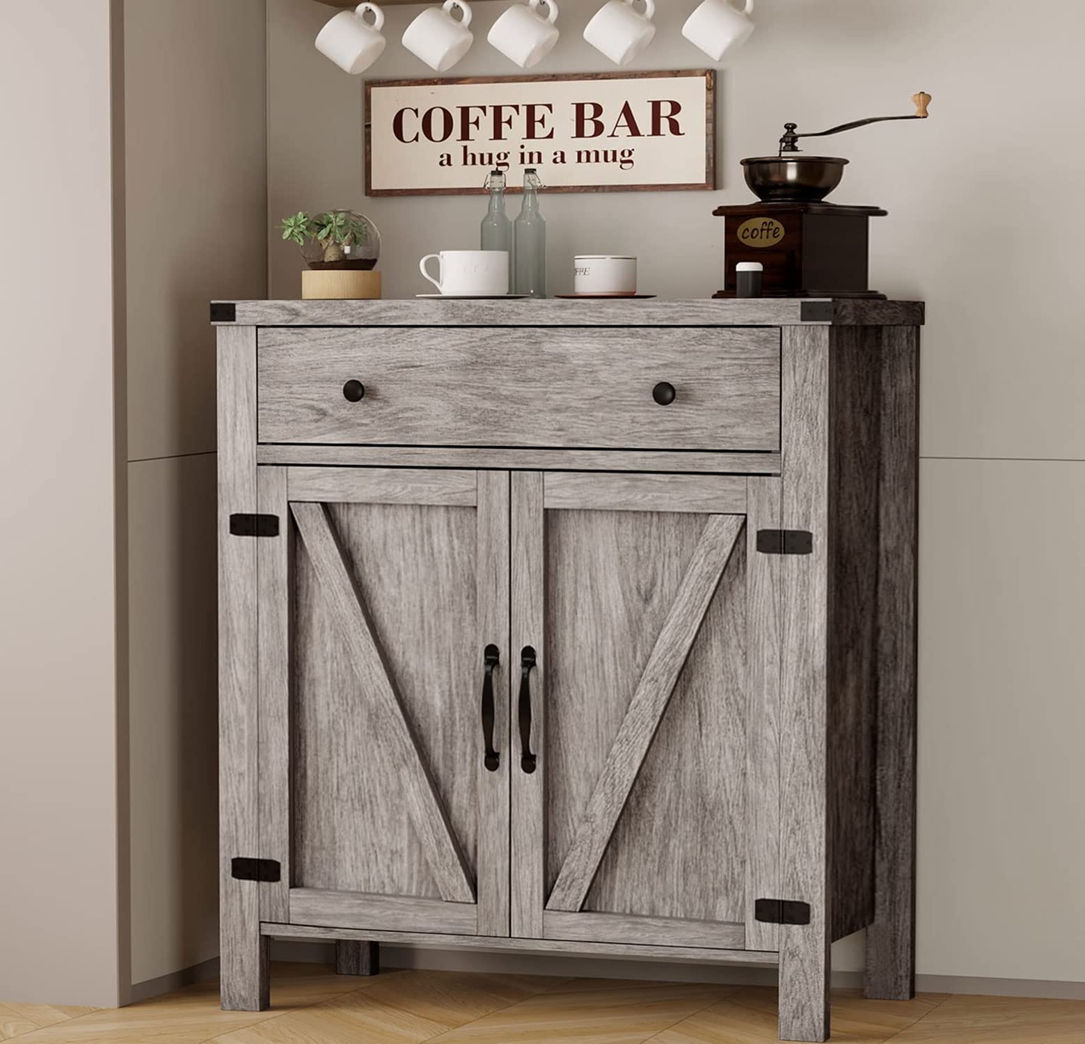Rustic Farmhouse Buffet Cabinet with Storage - Sideboard with Barn Doors, Drawers & Coffee Bar - Grey Wash Accent Cabinet for Living Room, Entryway, Dining Room & Home Decor