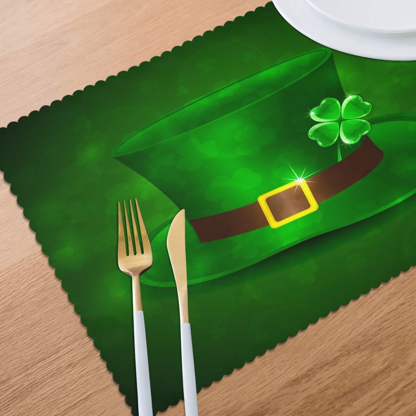 St. Patrick's Day Green Leprechaun Hat Placemats Set of 4 - 12x18 Inch Washable & Heat-Resistant Table Mats for Kitchen Dining Decor | Irish-Themed Party, Holiday Home Decoration