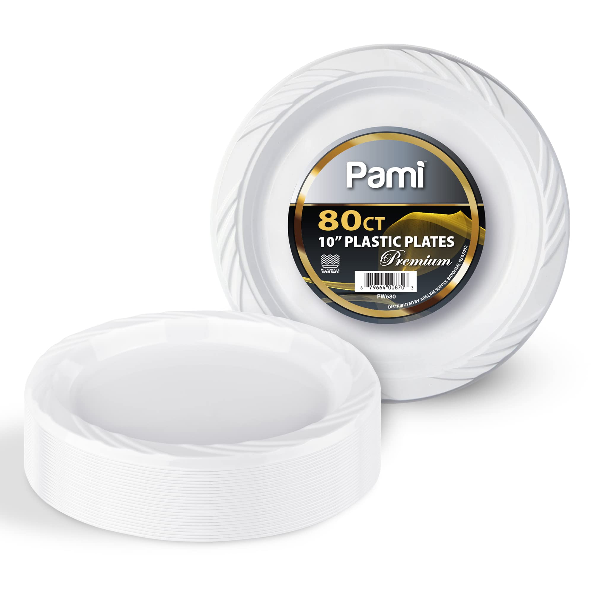 PAMI 10 Inch Disposable Plastic Plates [80 Pack] - Heavy Duty White Party Plates for Dinner, Desserts & Appetizers - Microwave Safe Bulk Disposable Dinnerware for Weddings, BBQs, Picnics & Family Gatherings - Elegant Plastic Tableware Set