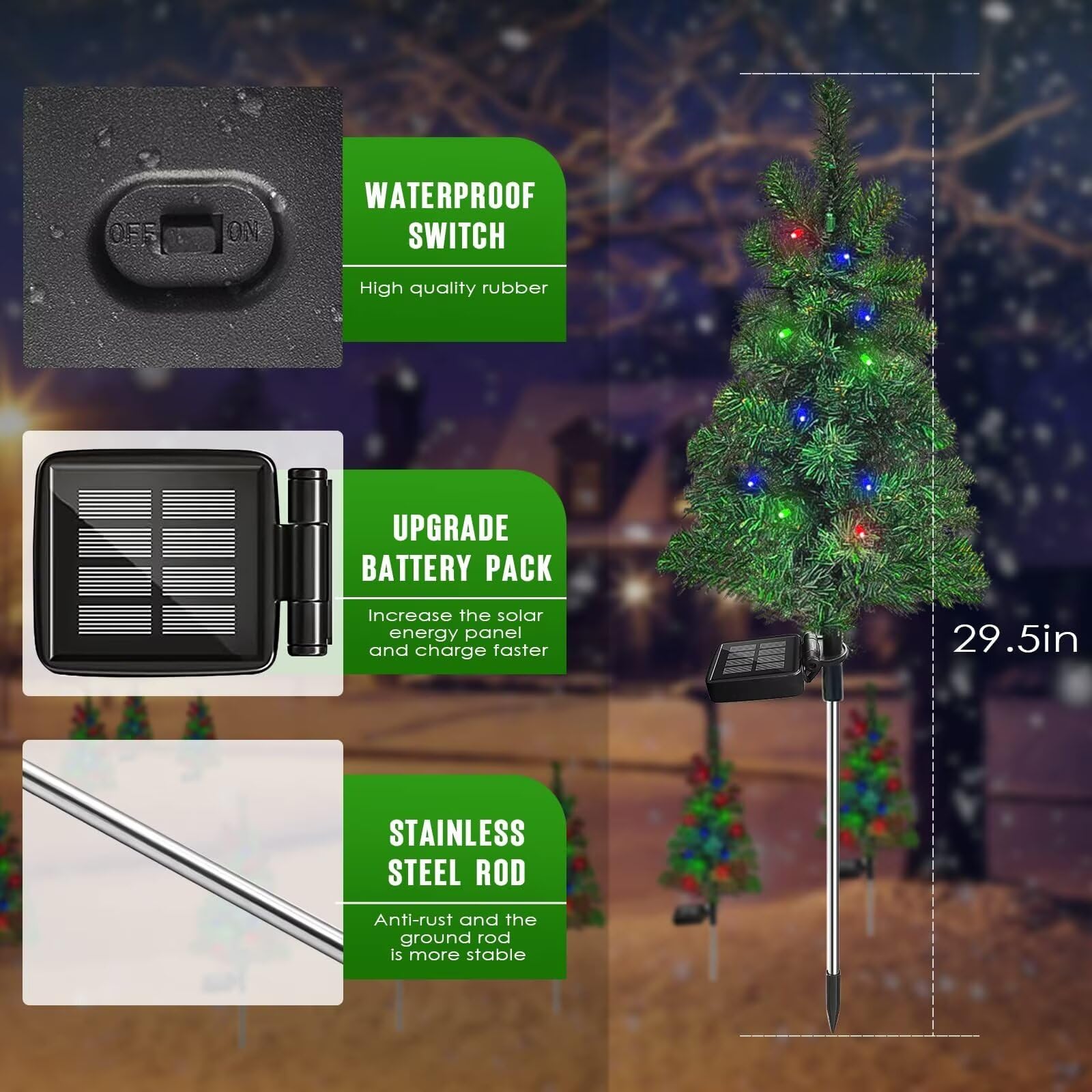 4PCS Solar Christmas Tree Garden Stake Lights - Waterproof Outdoor Xmas Decorations for Yard, Patio, Pathway - Holiday Lighting for Christmas Décor & Festive Ambiance