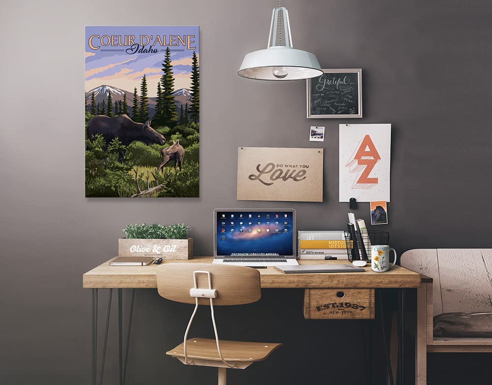 Lantern Press Coeur d'Alene Idaho Moose and Baby Calf Wall Art - 24x36 Wrapped Canvas Print for Home & Office Decor - Perfect for Living Room, Bedroom, or Cabin