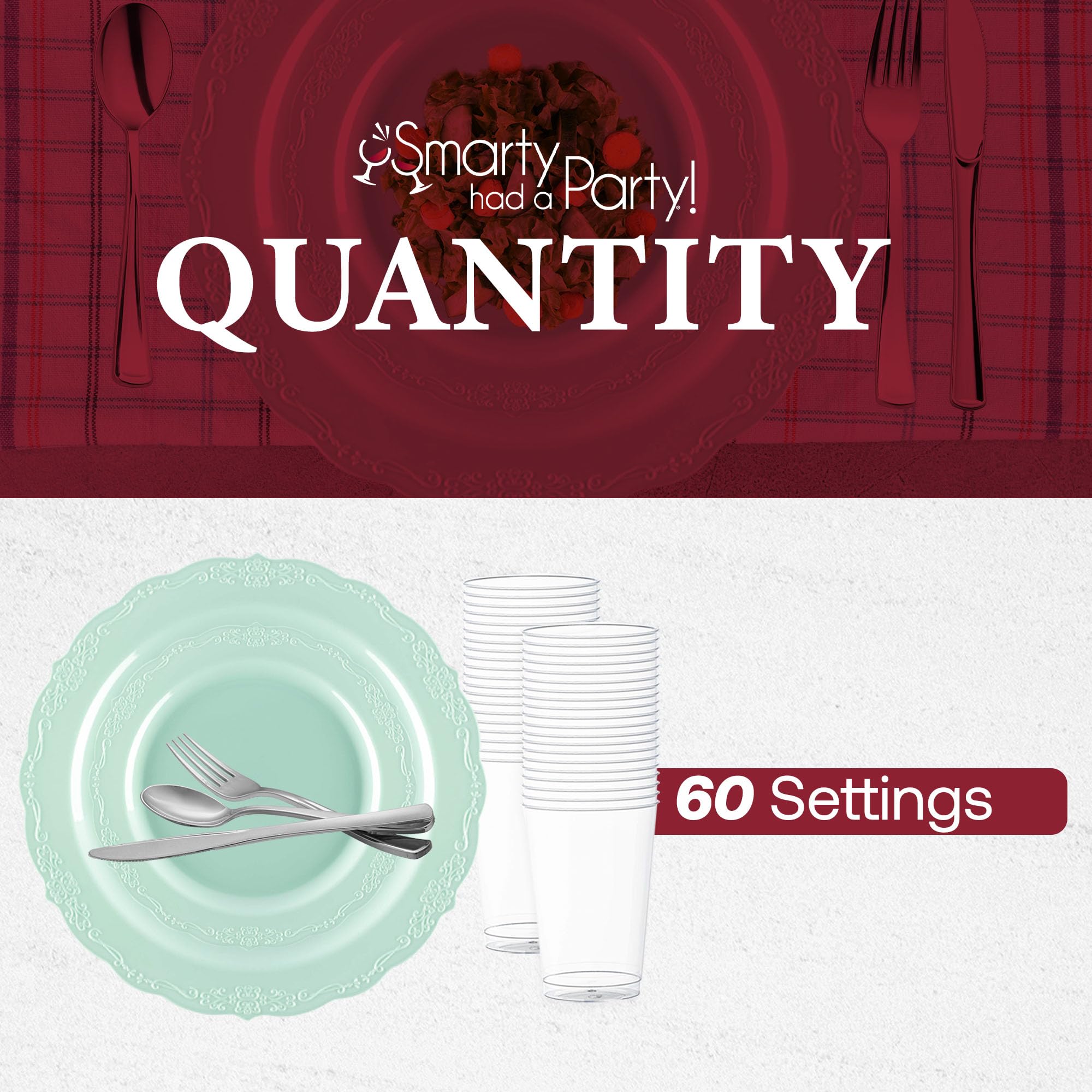 Smarty Had A Party 360-Piece Turquoise Plastic Dinnerware Set for 60 Guests - Includes Plates, Silverware & Clear Cups | Disposable Tableware for Weddings, Parties, Events & Outdoor Gatherings