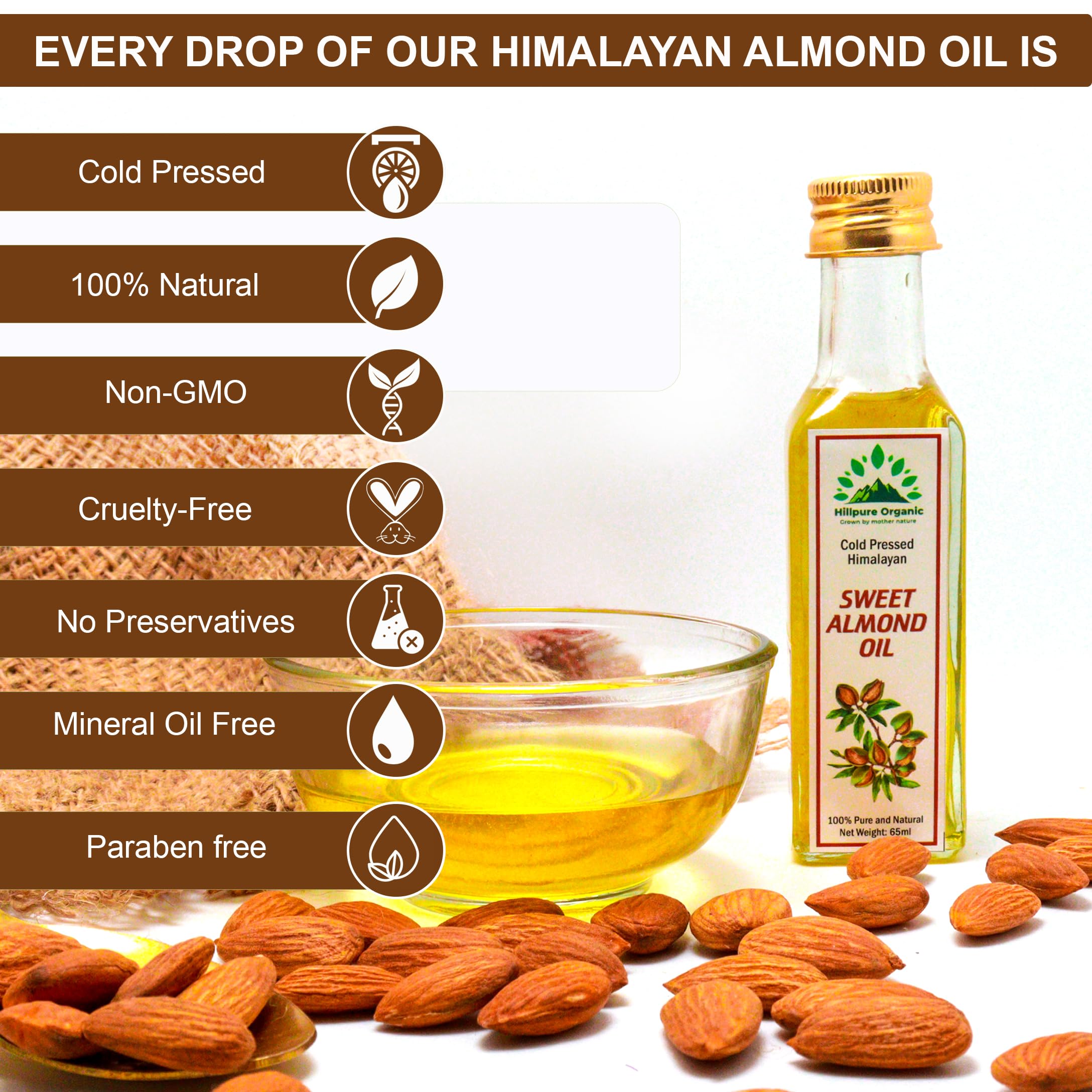 Organic Cold Pressed Himalayan Sweet Almond Oil - 100% Pure Natural Badam Tel for Skin, Hair & Body - Rich in Vitamin E - 65ml Glass Bottle - Perfect for Massage, Cooking & DIY Beauty Recipes
