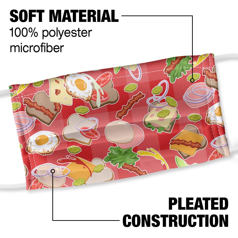 Popfunk Messy Sandwich Pattern Bread Cheese 1-Ply Reusable Face Mask - Unisex Washable Cloth Mask for Daily Wear, Outdoor Activities & Travel Protection