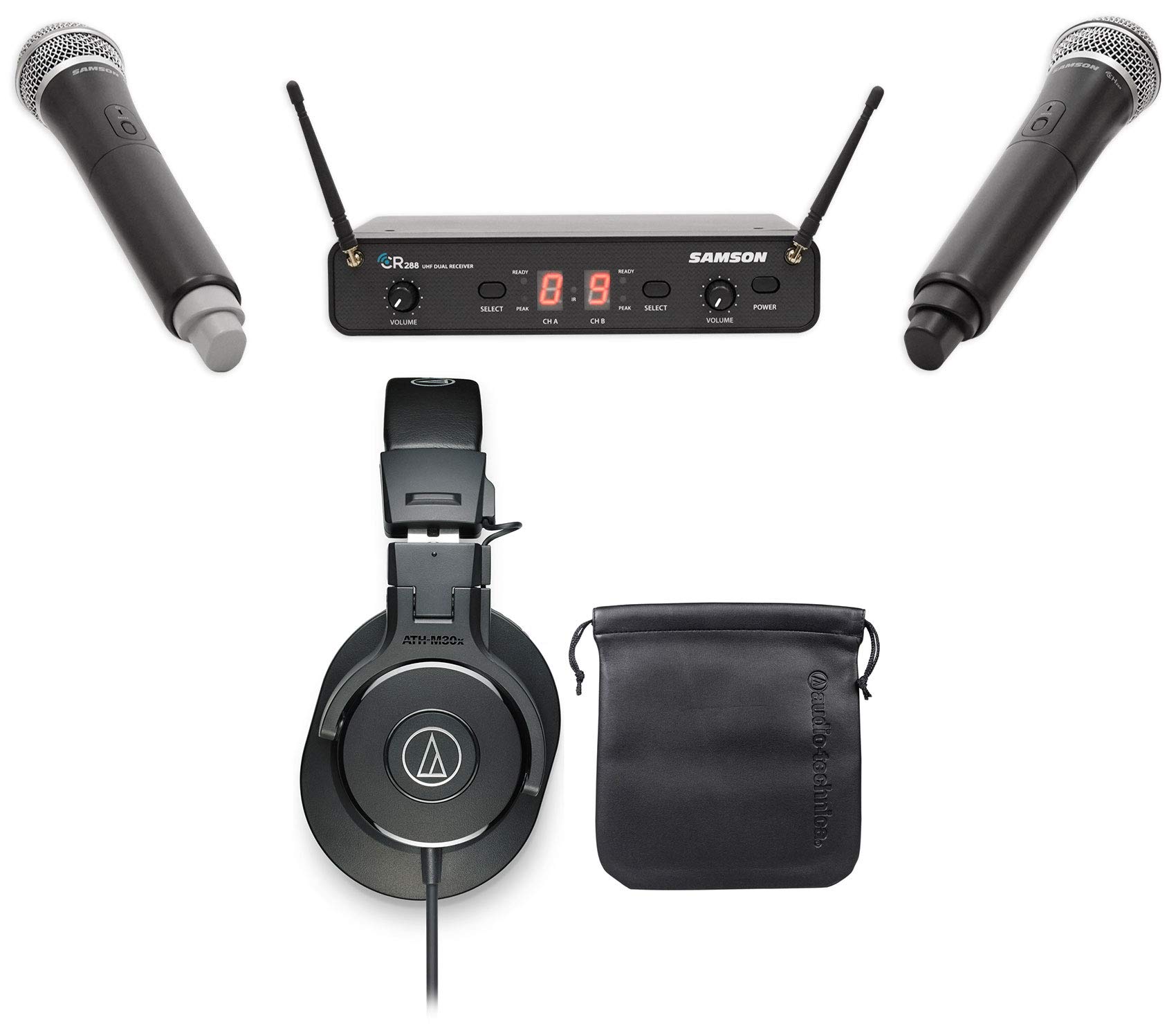 Samson Concert 288 Professional Handheld Wireless Microphones & Audio-Technica Studio Headphones - Perfect for Live Performances, Karaoke, and Recording Sessions