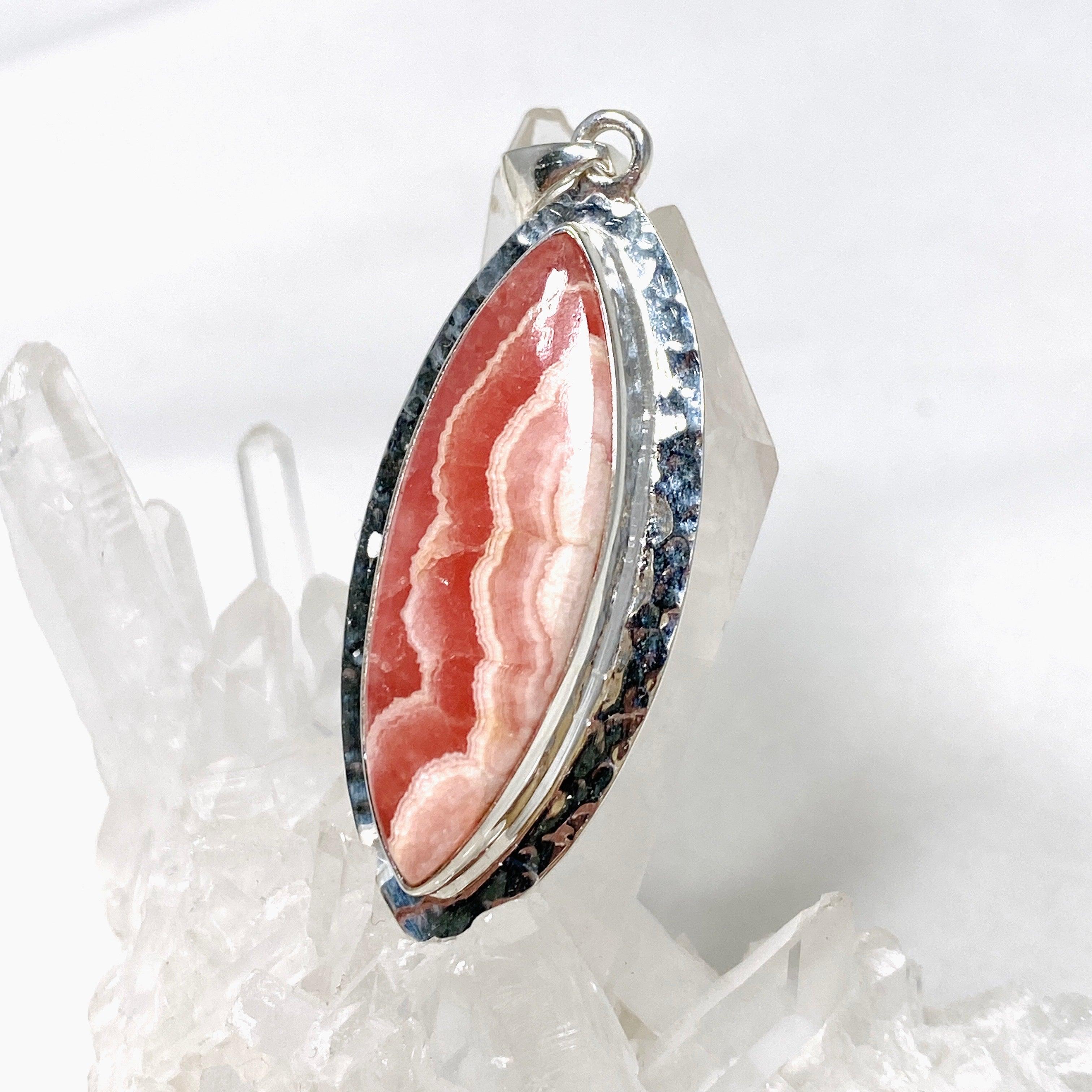 Rhodochrosite Marquise Pendant Necklace - Hammered Sterling Silver Setting KPGJ4331 | Elegant Jewelry Gift for Women, Perfect for Valentine's Day & Anniversary