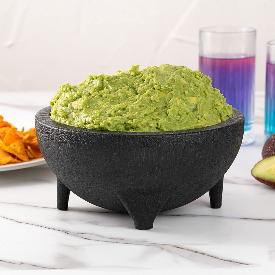 56oz Black Plastic Molcajete Salsa Bowl - 3-Legged Design, Microwave & Dishwasher Safe, Shatterproof Serving Bowl for Guacamole, Cheese Dip, Sauces - Perfect for Parties, Restaurants & Mexican Cuisine