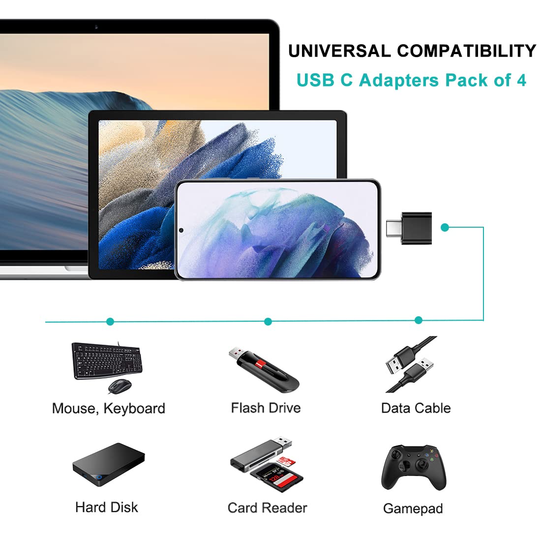 4-Pack USB C to USB Adapter (2 Black & 2 White) - USB Female to USB C Male OTG Converter Compatible with MacBook Pro, Samsung Galaxy, Type-C Phones, Laptops & Tablets - Perfect for Data Transfer, Charging & Device Connectivity