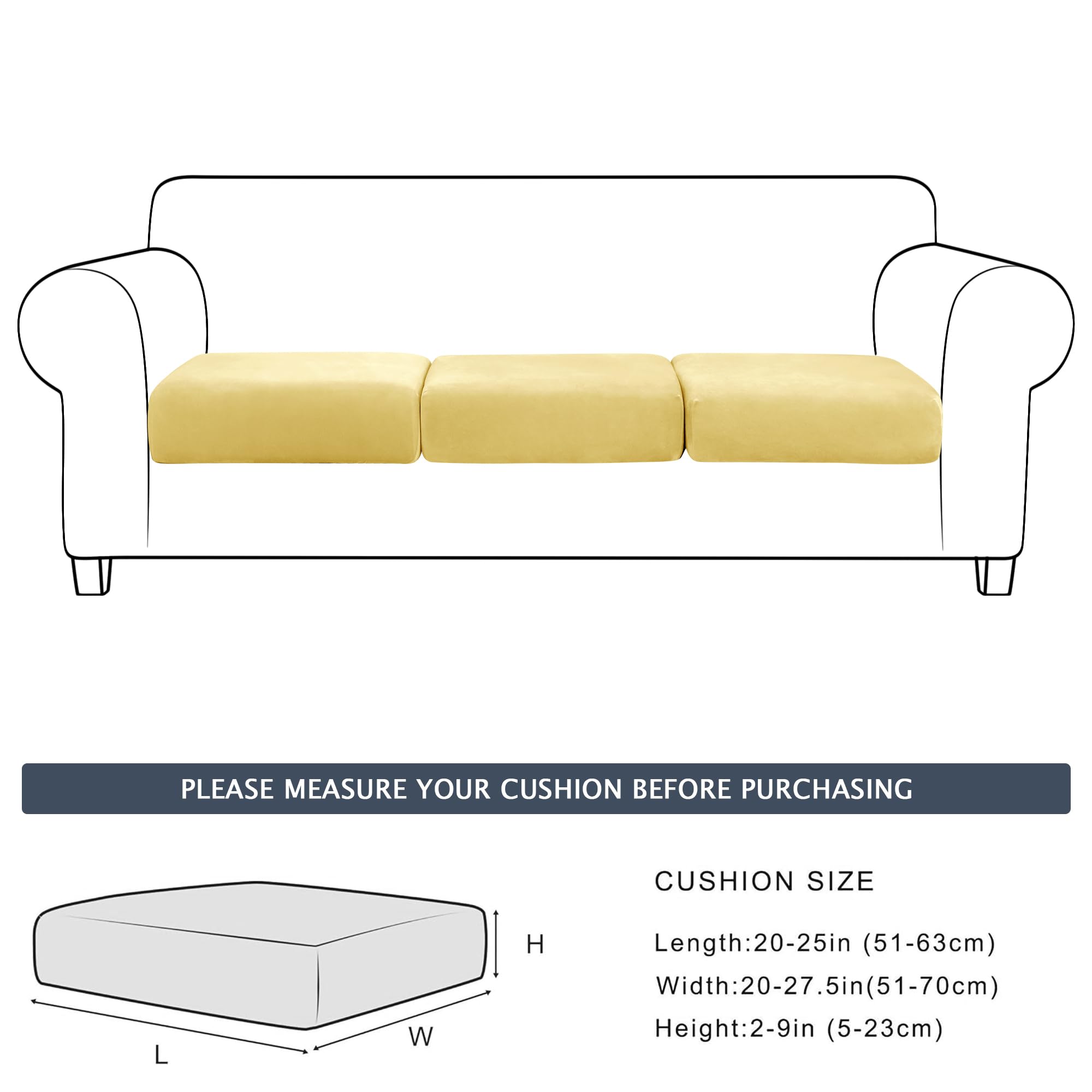 Soft Velvet Plush Stretch Cushion Cover with Elastic Bottom - Yellow Sofa Slipcover (Set of 3) | Furniture Protector for Living Room, Bedroom & Office Decor