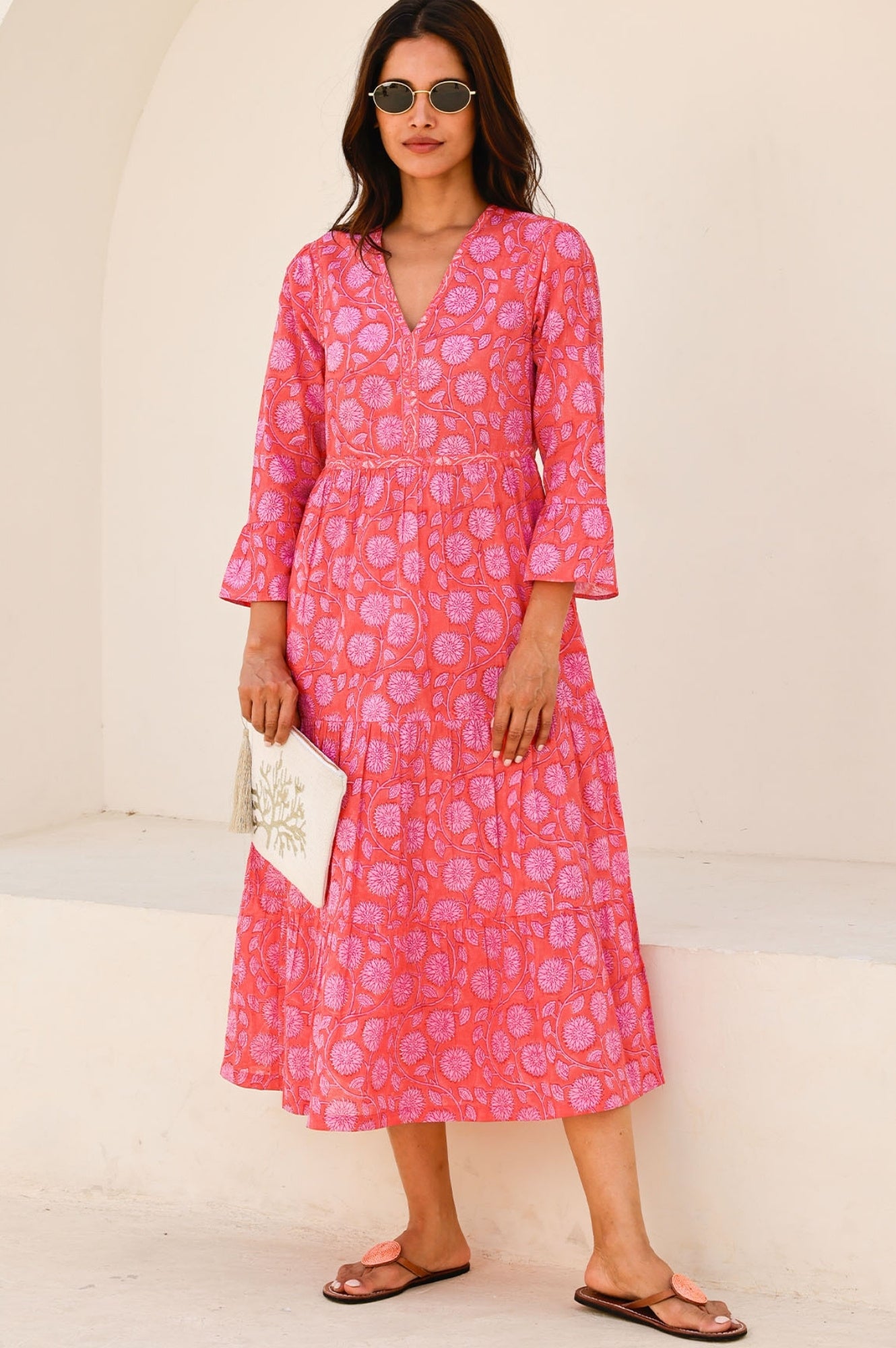 Hayden Block Print Dress in Mara Red & Pink | Floral Cotton Maxi Dress for Women | Perfect for Summer, Beach, and Boho Fashion