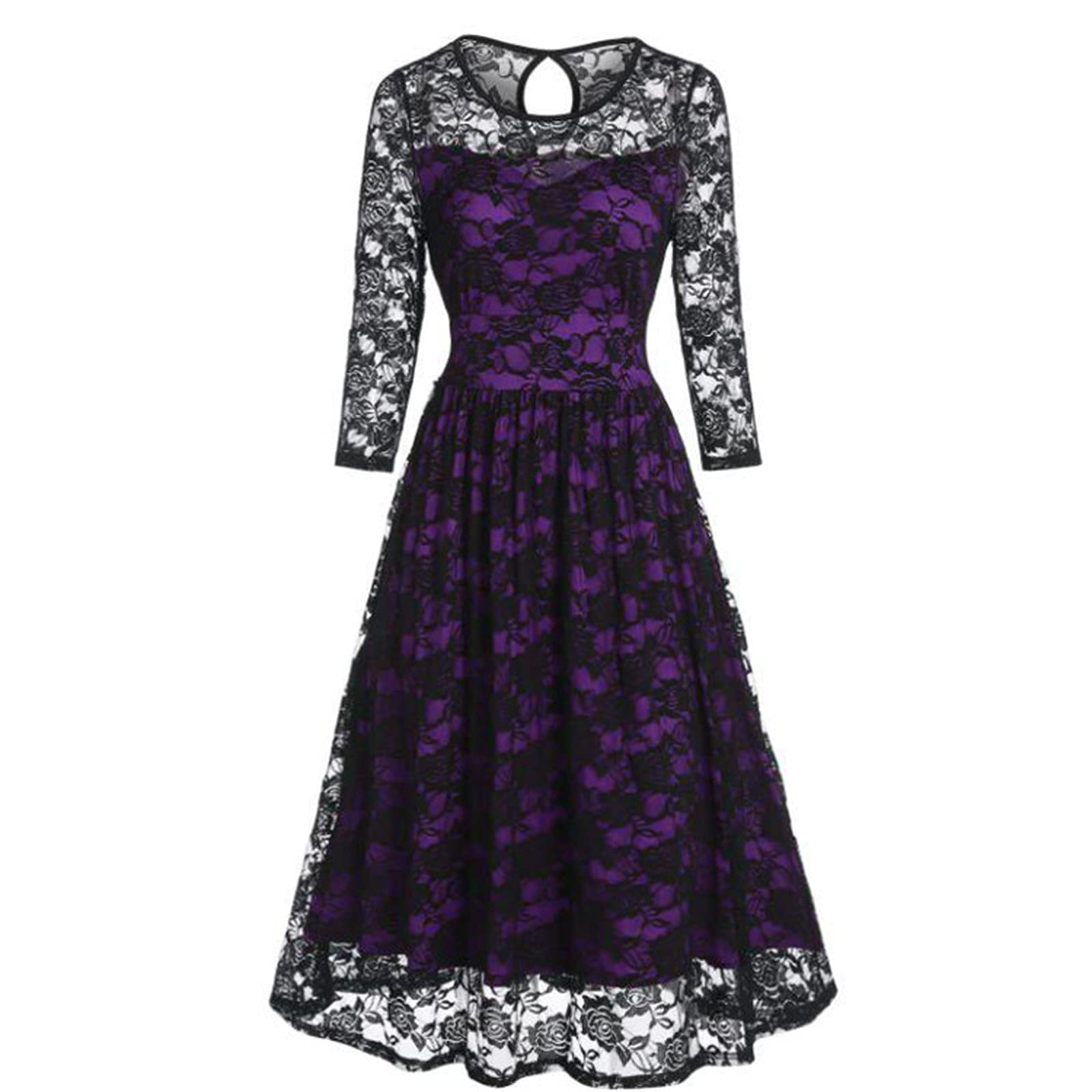 Women's Plus Size Mini Dress with Long Sleeves & Lace Panel - A-Line Sexy Vintage Party Dress with Sweetheart Neckline | Perfect for Cocktail Parties, Date Nights & Special Occasions