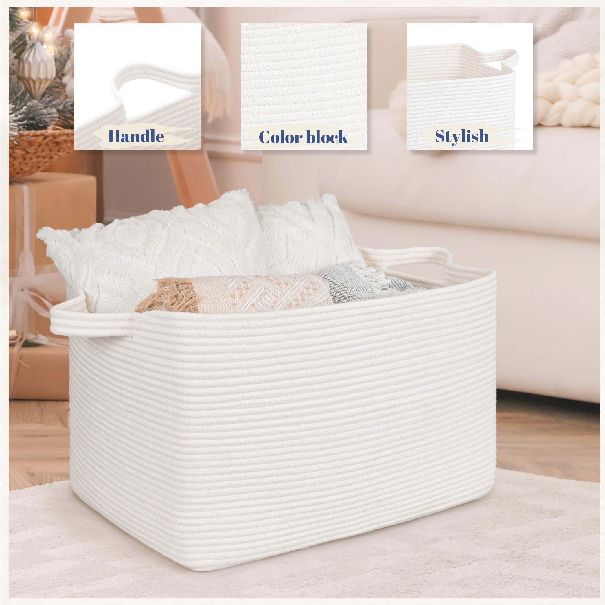 ZLG 50L White Rectangle Storage Basket with Handles - Nursery Cotton Rope Clothes Organizer, Shelf Basket for Towels & Home Essentials - 18 x 14 x 12 Inches - Perfect for Bedroom, Bathroom & Laundry Room Storage