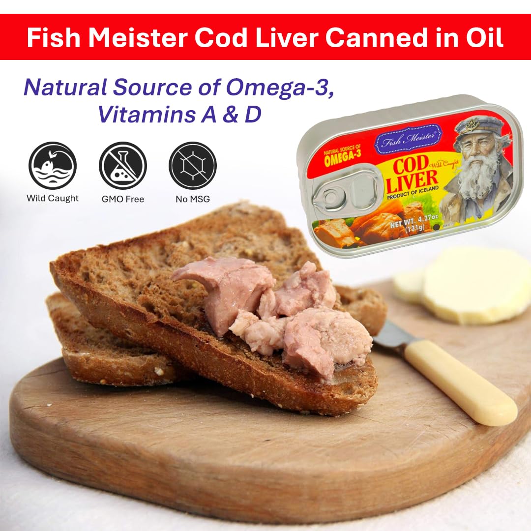 Premium Wild Caught Cod Liver Canned in Oil - Rich in Omega-3 Fatty Acids for Heart & Brain Health - Gourmet Spreads, Salads & Keto Recipes - 12 Pack - Perfect for Healthy Snacking & Fine Dining