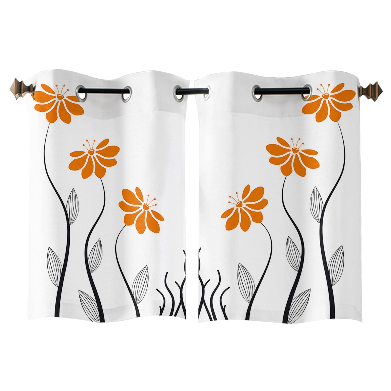 Orange Aqua Floral Window Curtains 39 Inch Length - 2 Panels Grommet Kitchen & Cafe Curtains for Bedroom, Modern Geometric Striped Leaves Design - Perfect for Home Decor, Window Treatments & Room Aesthetics