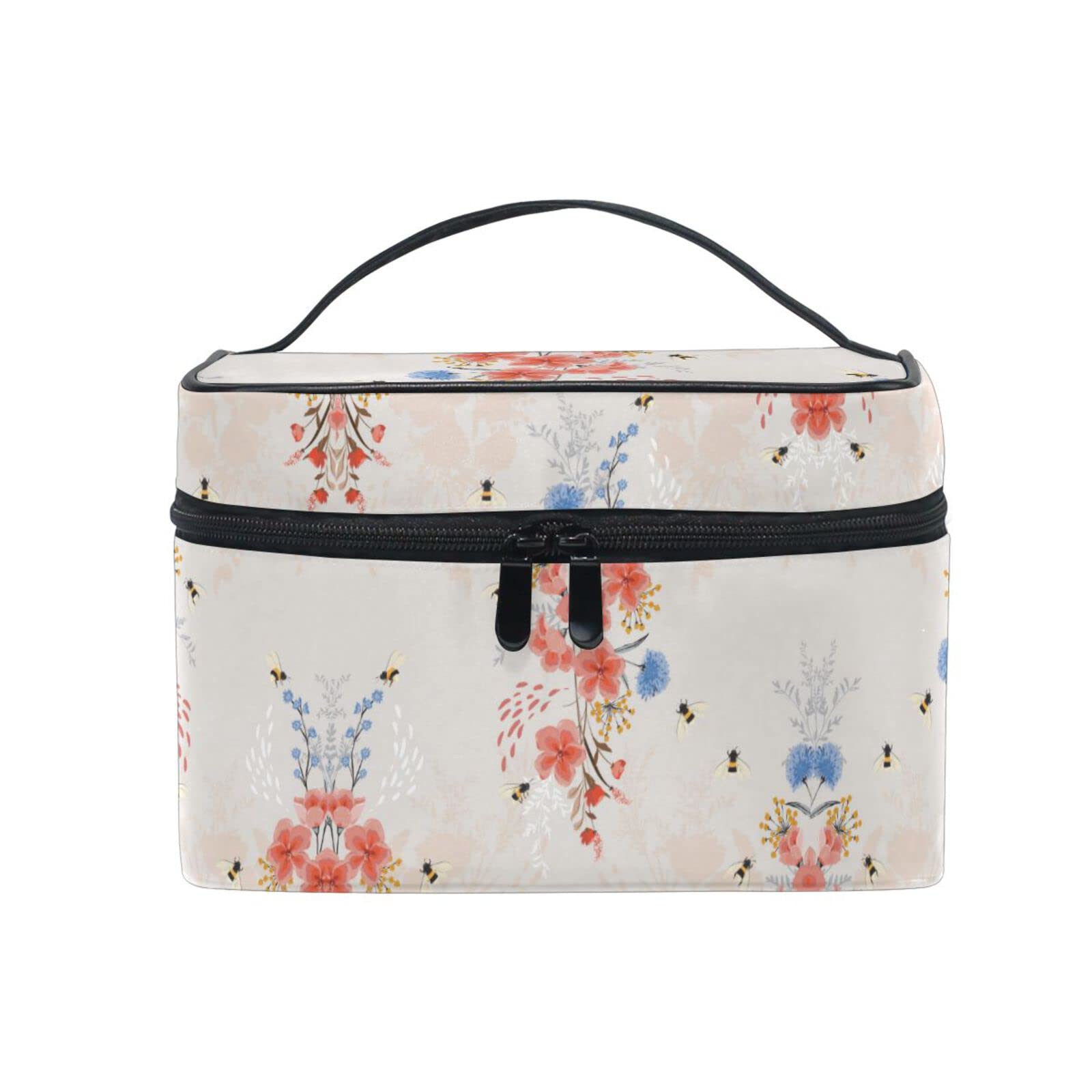 Floral Plum Blossom Bee Cosmetic Bag - Waterproof Makeup Pouch with Zipper for Women & Girls - Perfect for Travel, Gym, and Daily Organizer (Toiletry Case, Makeup Bag Organizer)