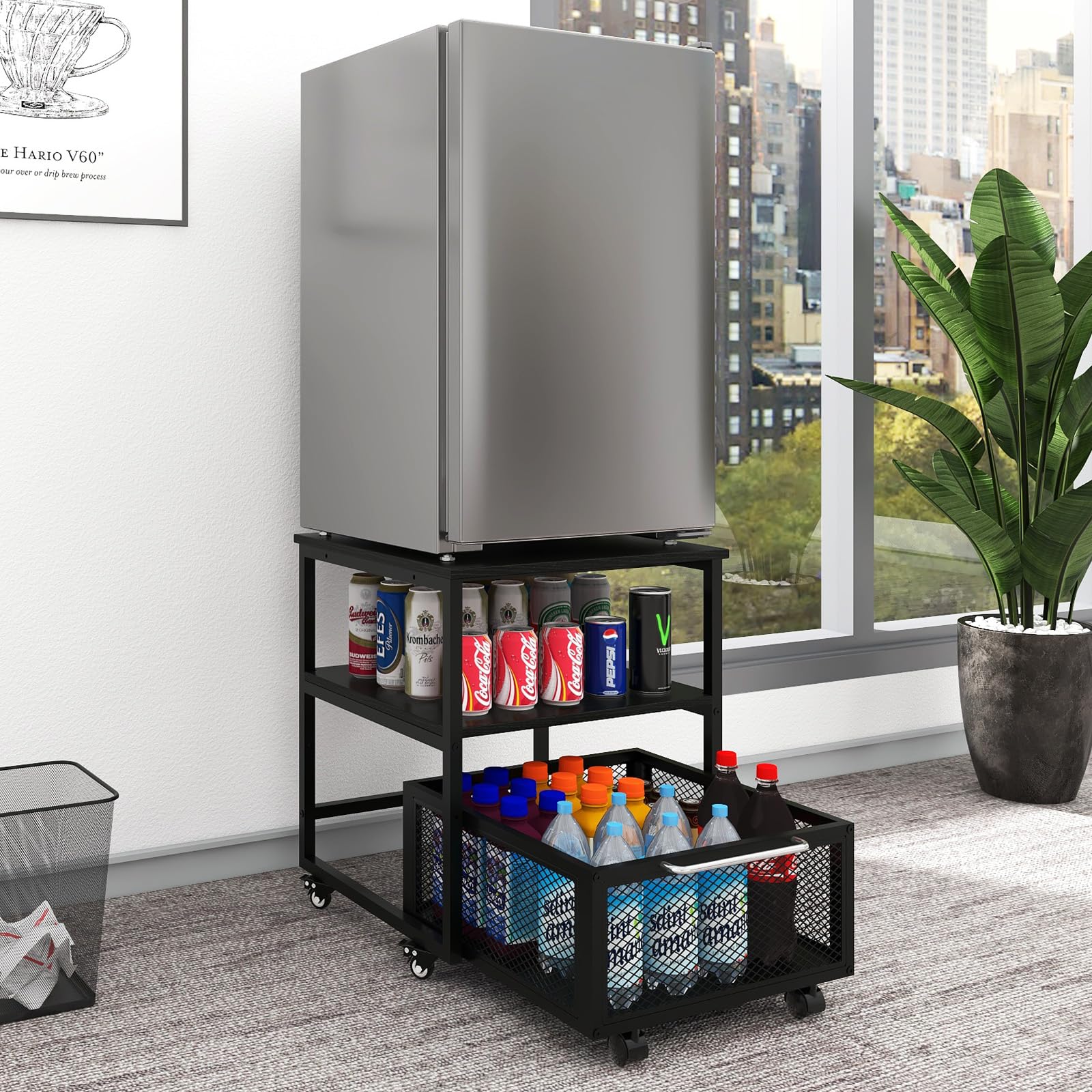 PUNCIA 19.7x19.7 Inch Heavy Duty Mini Fridge Stand with Storage & 4 Lockable Wheels - Beverage Refrigerator Table for Coffee Bar, Office, Home, Dorm - Perfect for Small Spaces & Compact Appliances