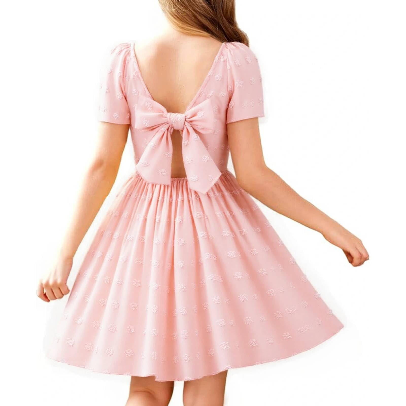 Easter Dress for Girls - Short Sleeve Summer Casual Princess Style Tie Back Dress for Easter Party, Spring Outfits & Special Occasions